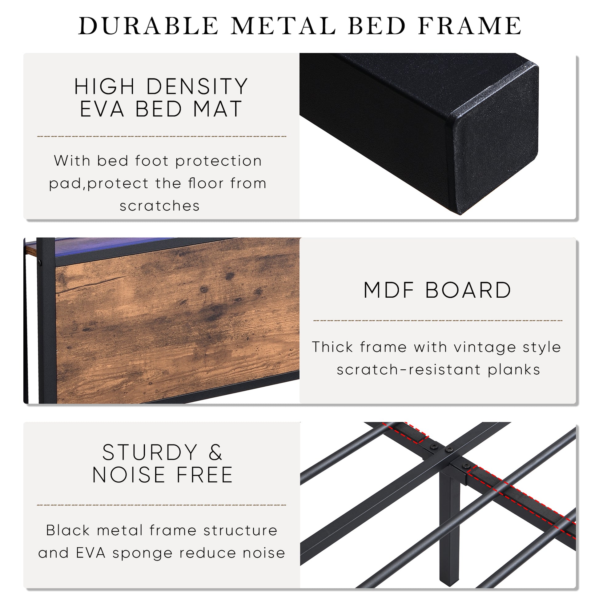 Black metal bed frame corner with highdensity EVA mat for floor protection