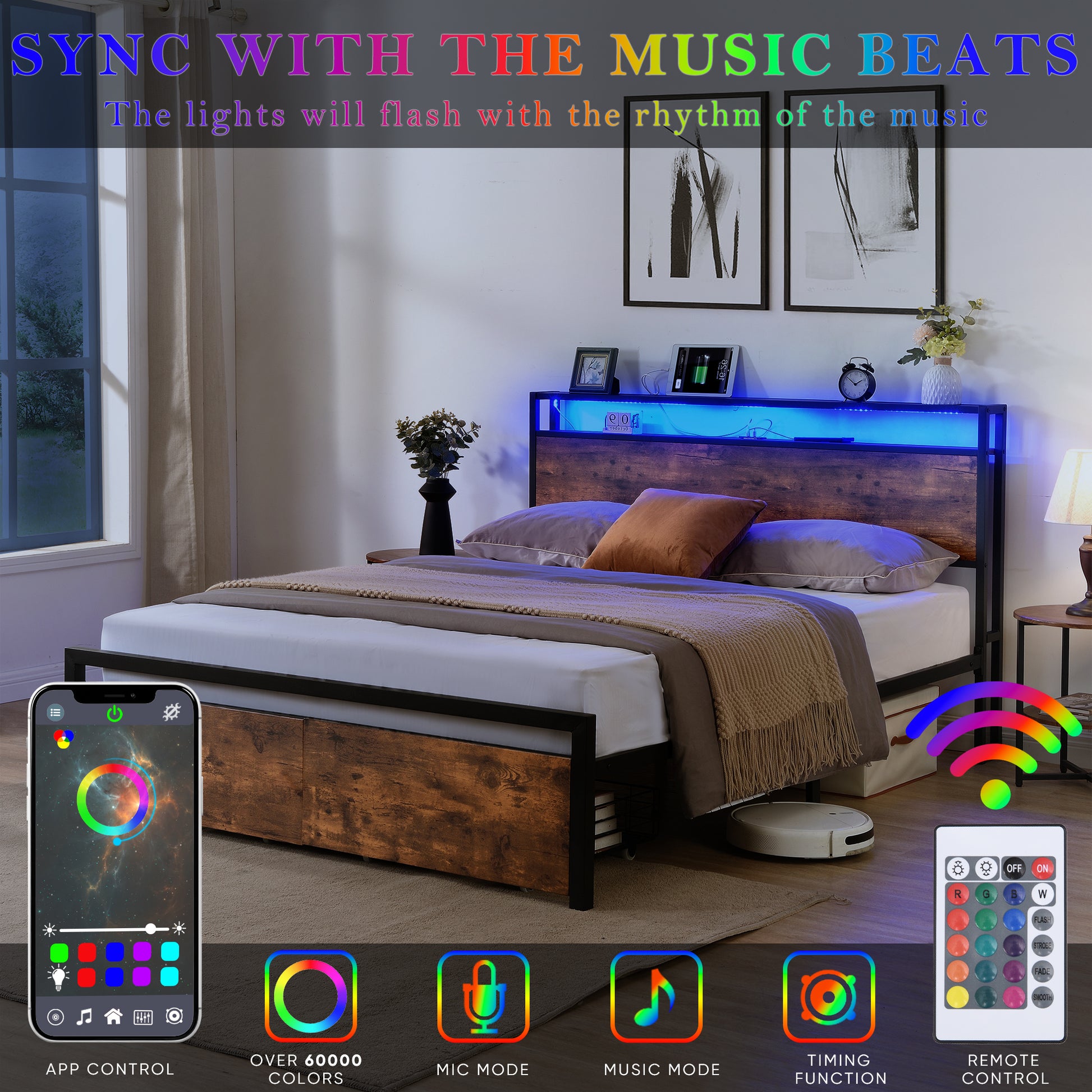 Rustic wood and black metal bed frame with integrated LED headboard lighting