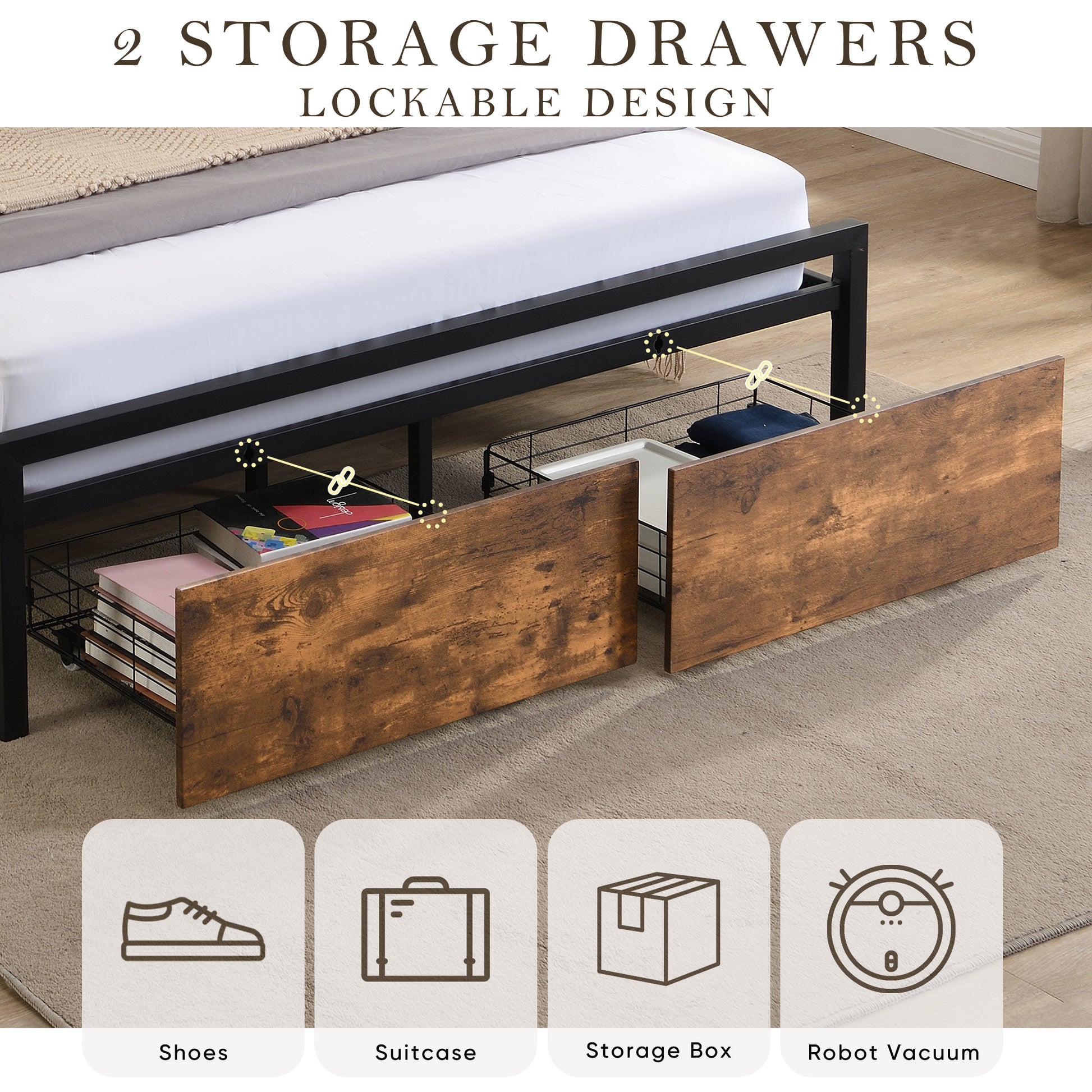 Black metal bed frame with two rustic woodfinish storage drawers