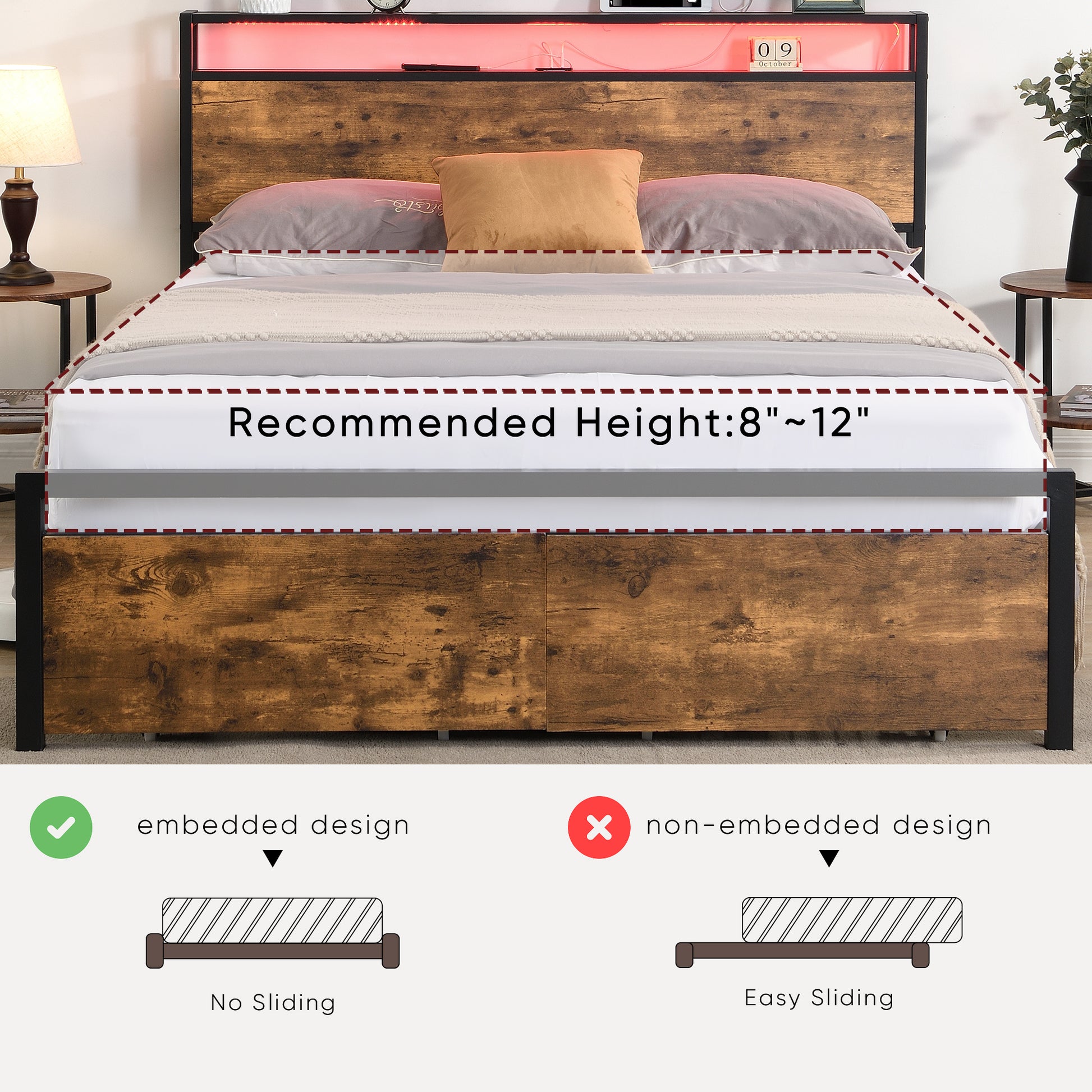 Rustic industrial queen bed frame with integrated LED headboard