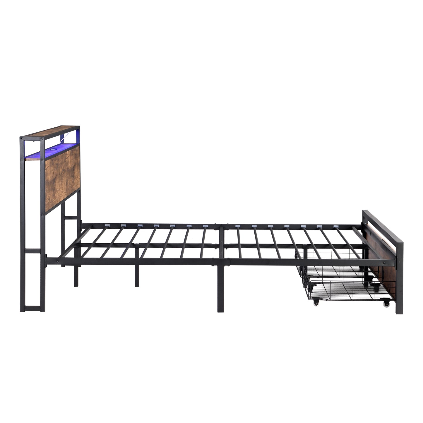 Black metal bed frame with industrial wood headboard and builtin storage drawer