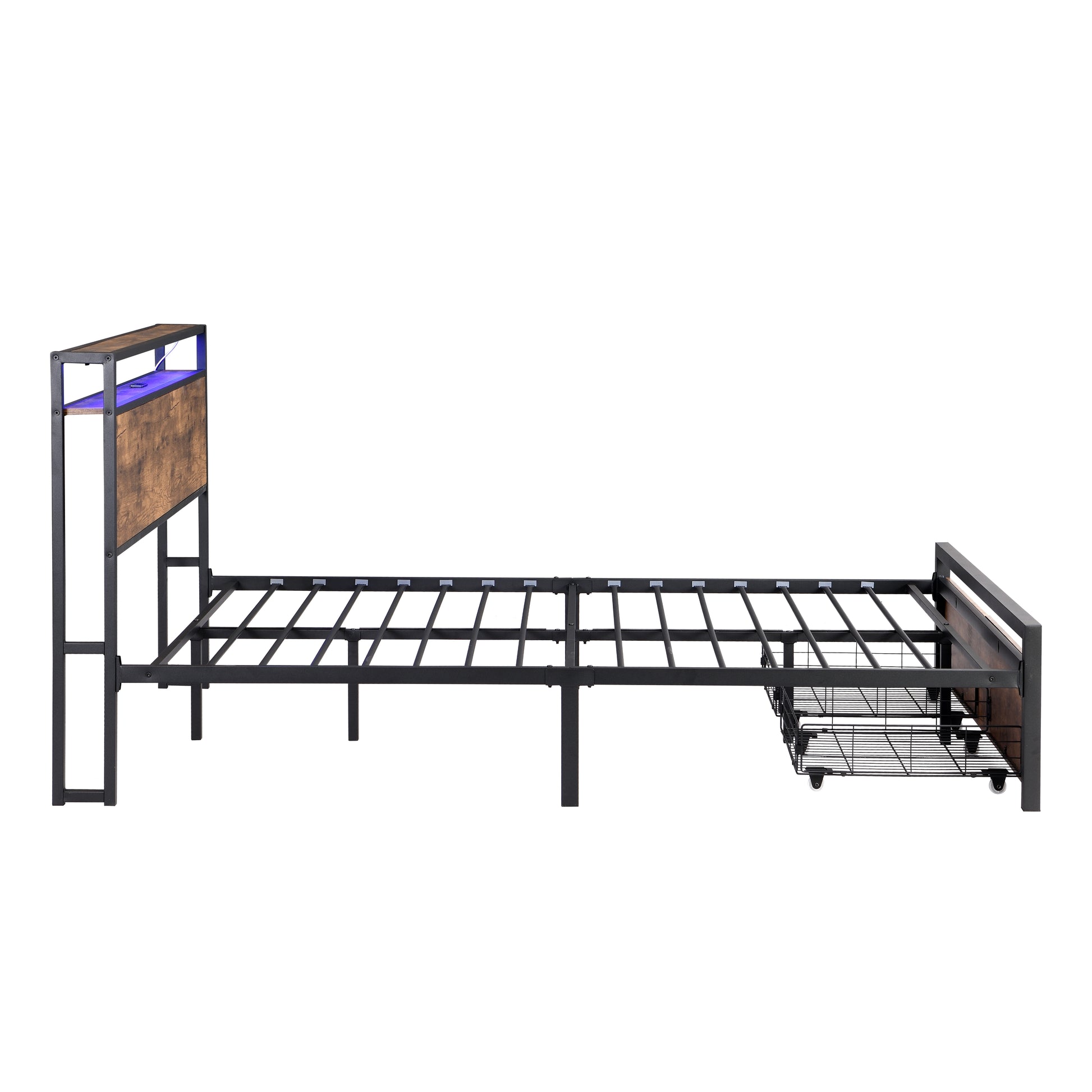 Black metal bed frame with industrial wood headboard and builtin storage drawer