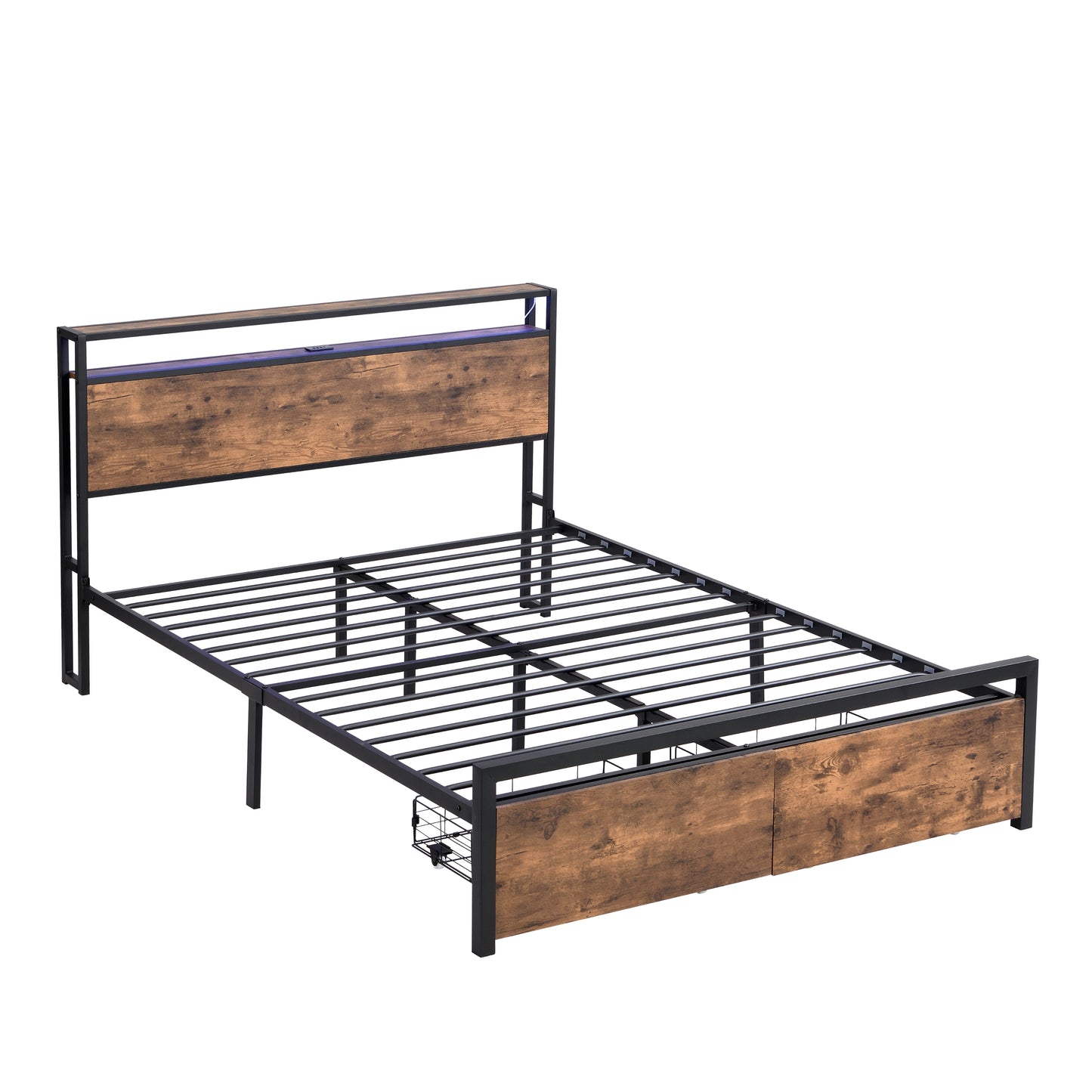 Industrial metal bed frame with rustic wood headboard and builtin LED lighting