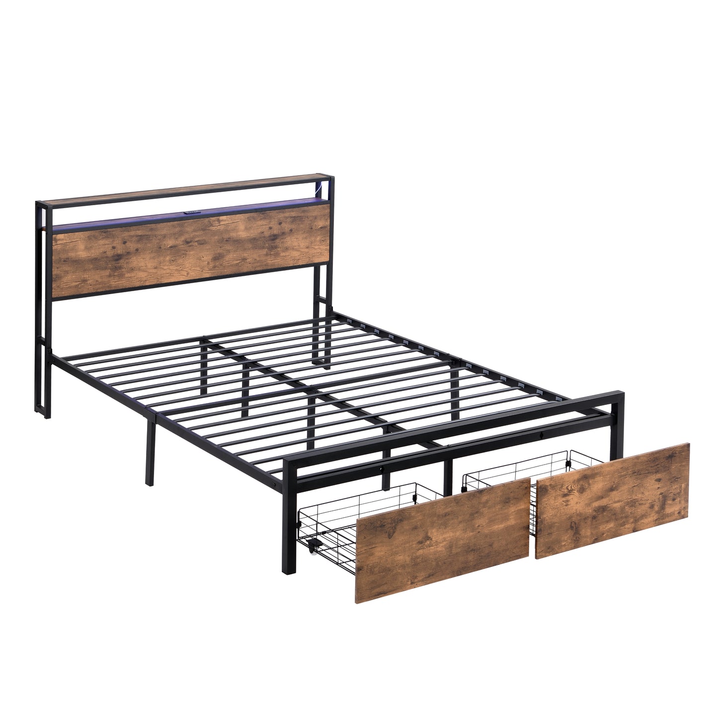 Black metal bed frame with rustic wood headboard and storage drawers