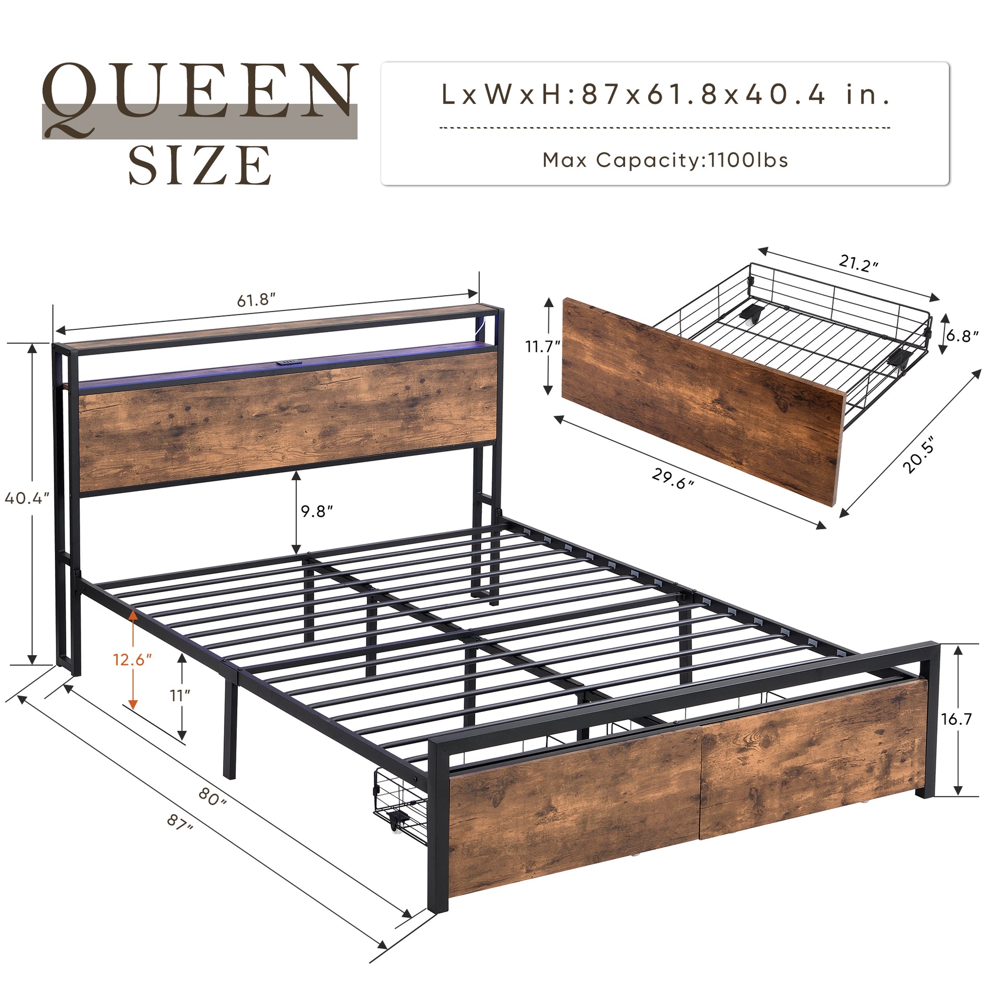 Queen size metal bed frame with rustic wood headboard and underbed storage baskets