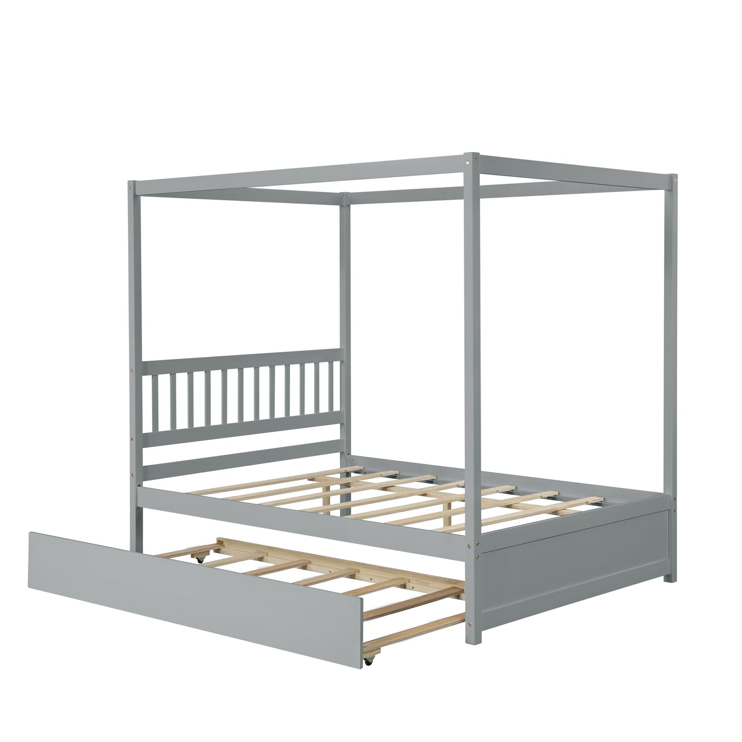 Gray canopy bed with pullout trundle