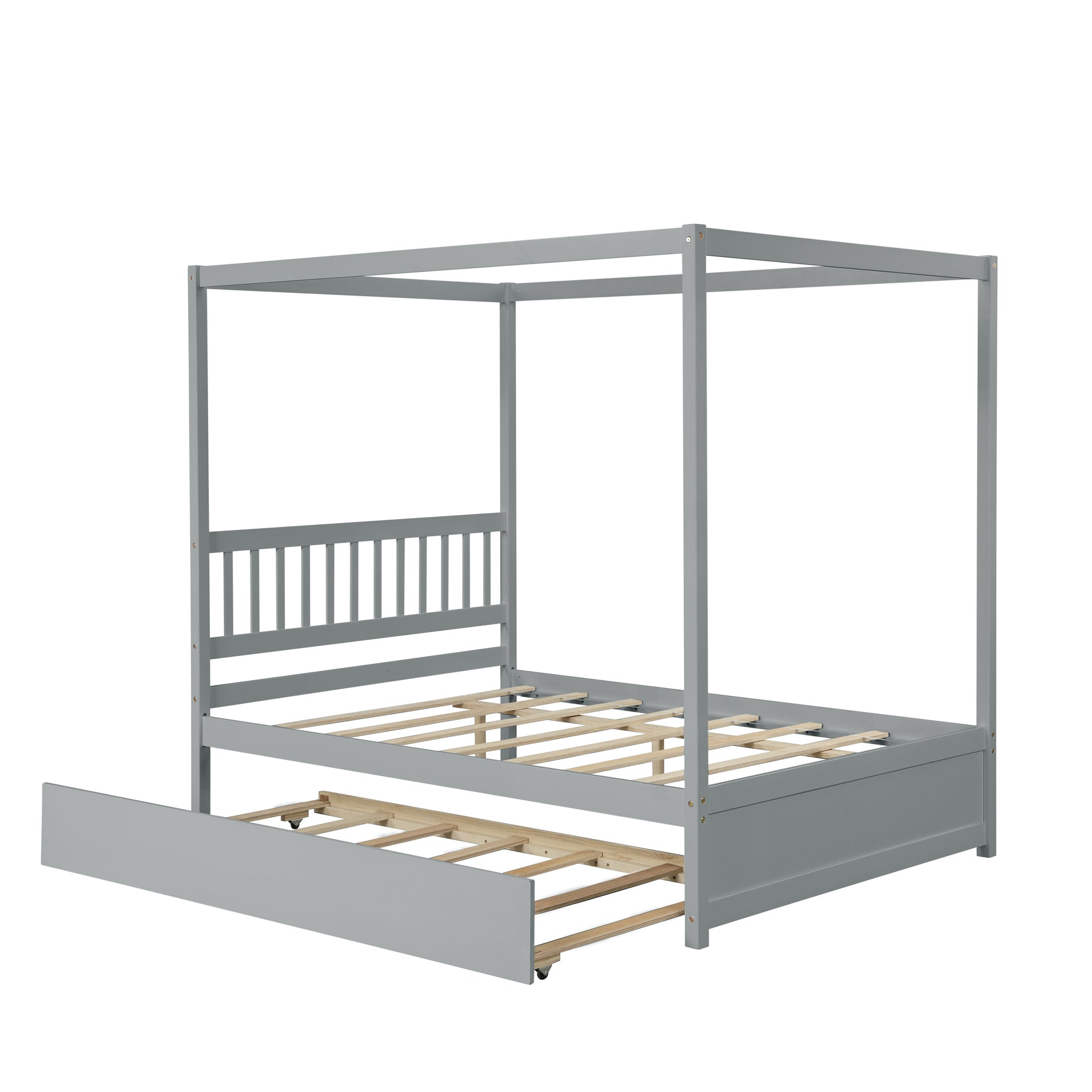 Gray canopy bed with pullout trundle