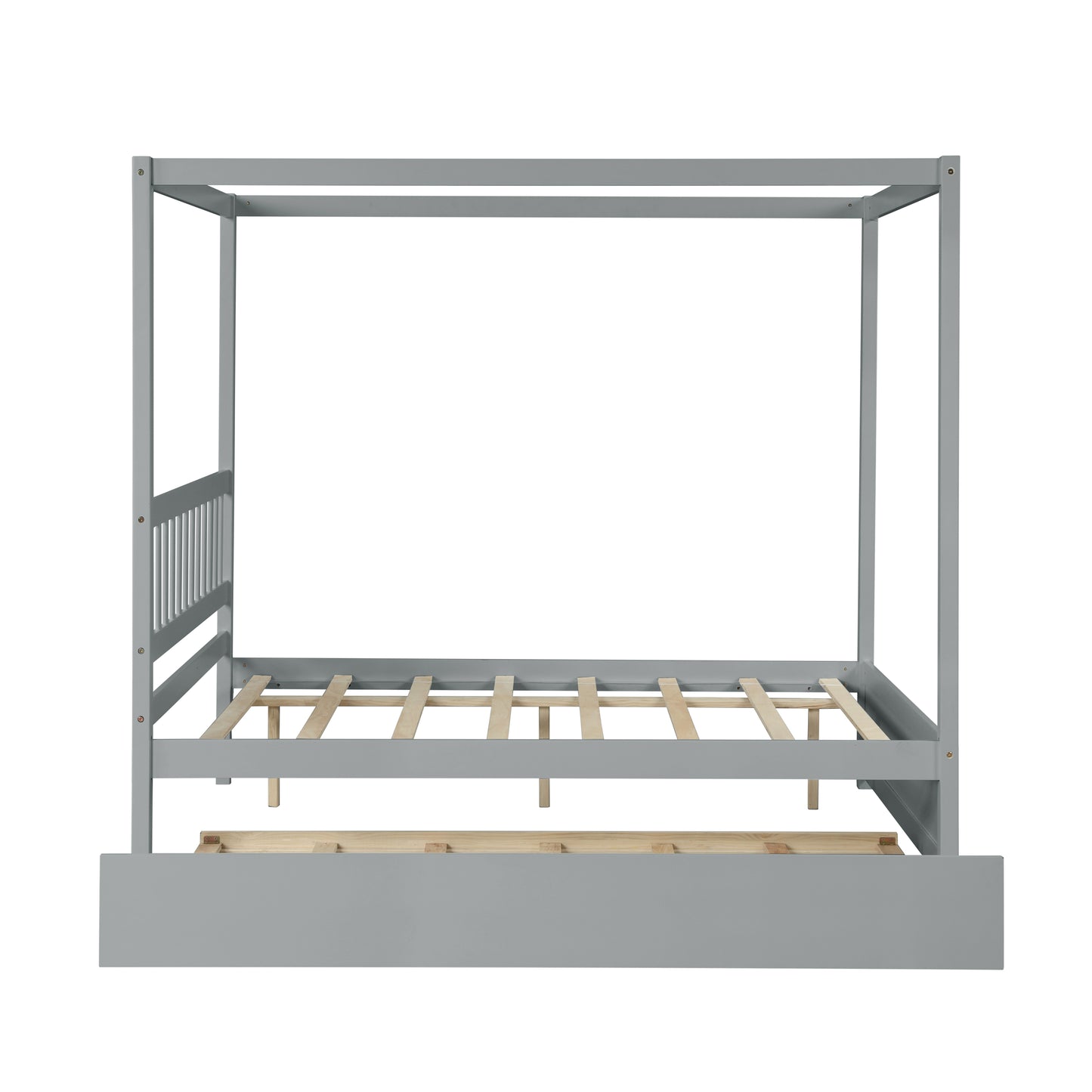 Gray wooden canopy bed frame with slatted support