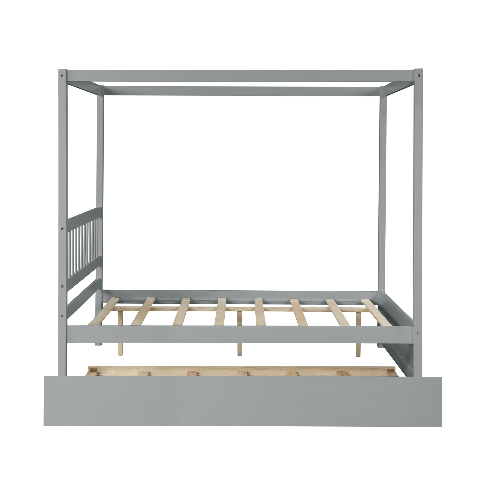 Gray wooden canopy bed frame with slatted support