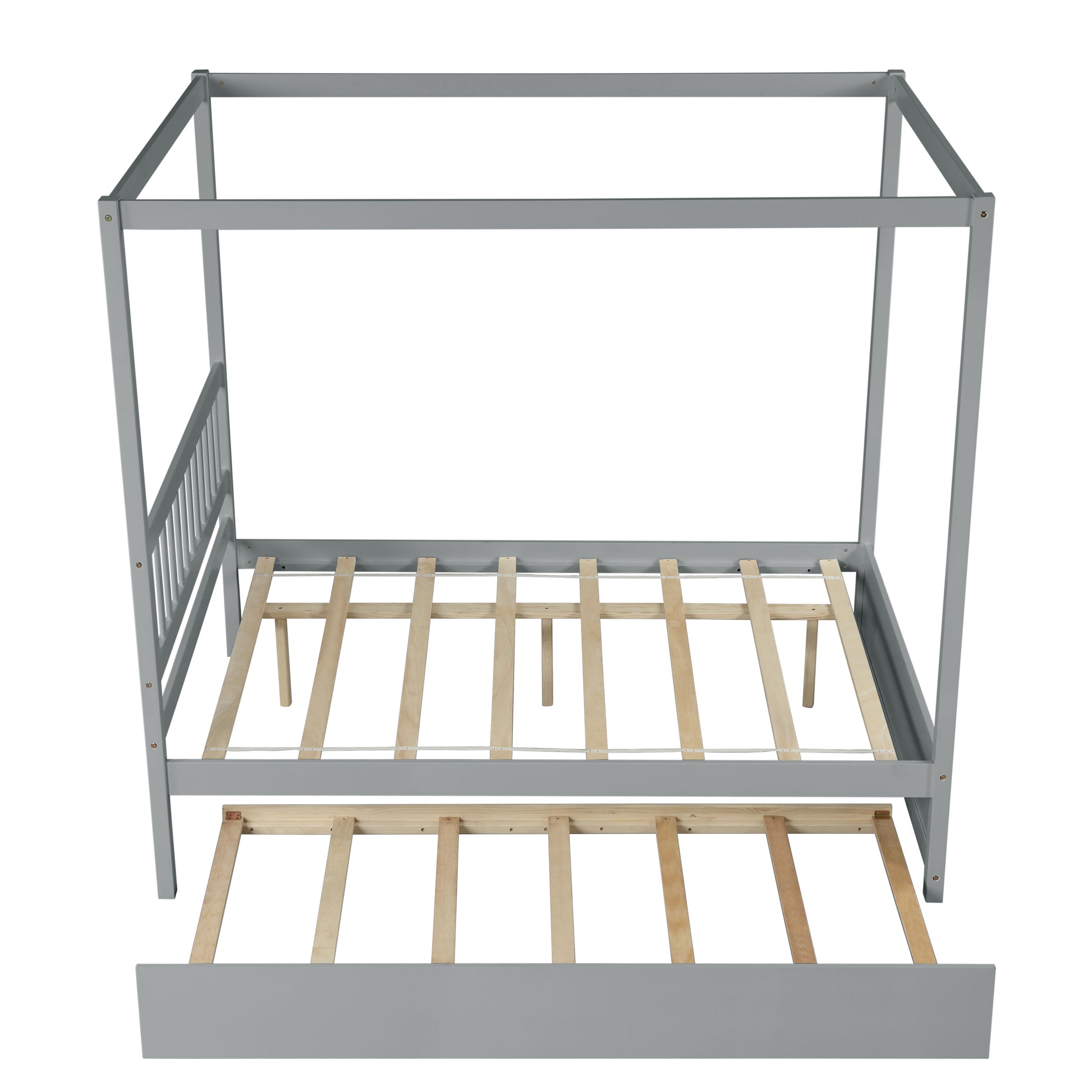 Gray wooden canopy bed frame with pullout trundle