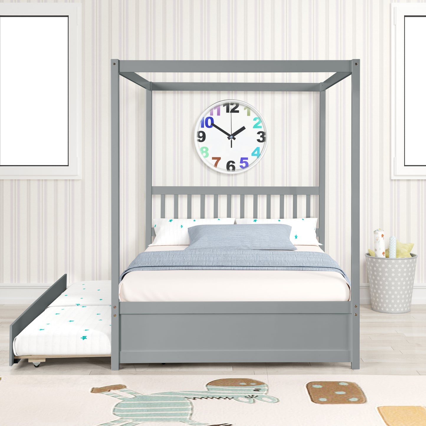 Gray canopy bed frame with pullout trundle