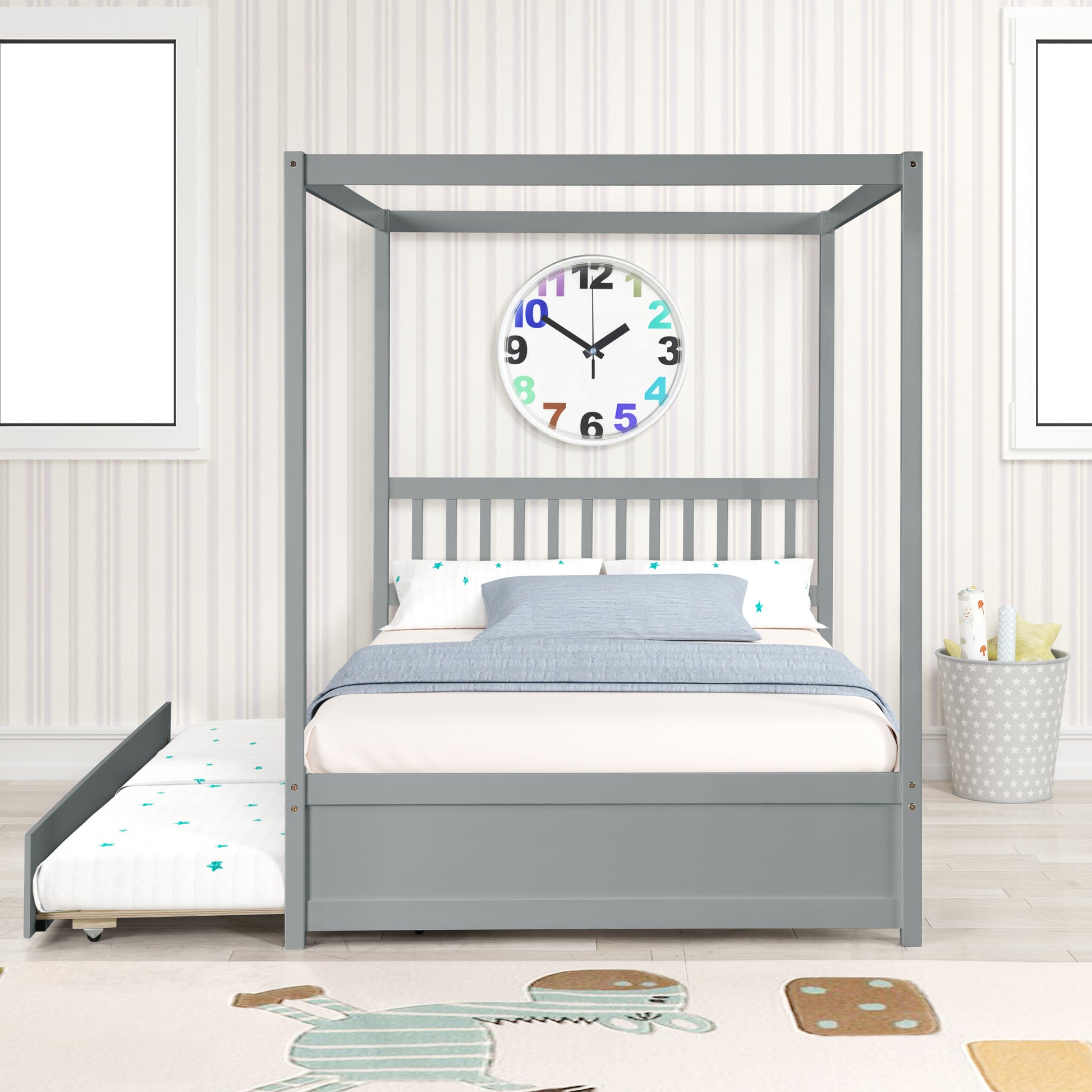 Gray canopy bed frame with pullout trundle