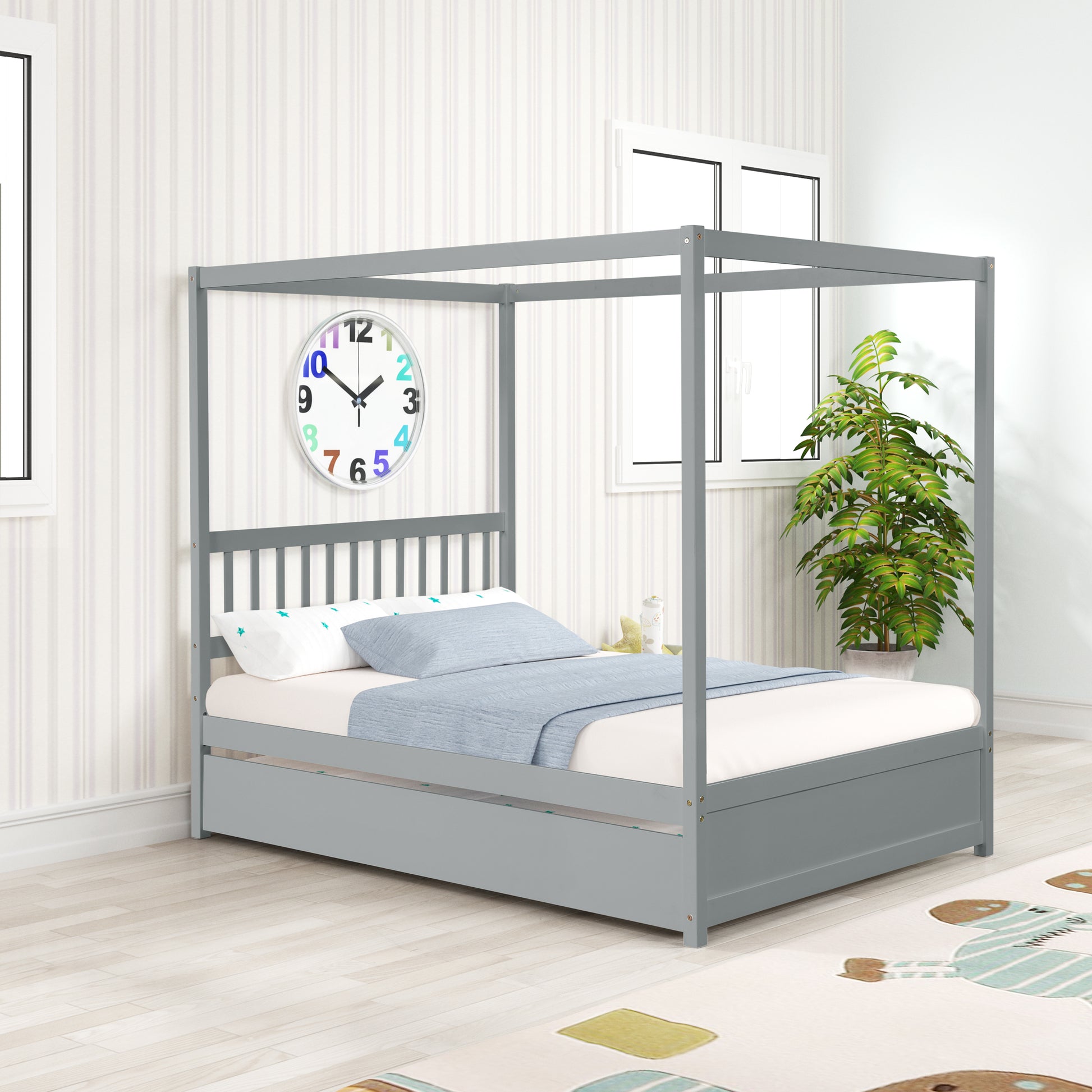 Grey wooden fourposter bed with slatted headboard and mattress
