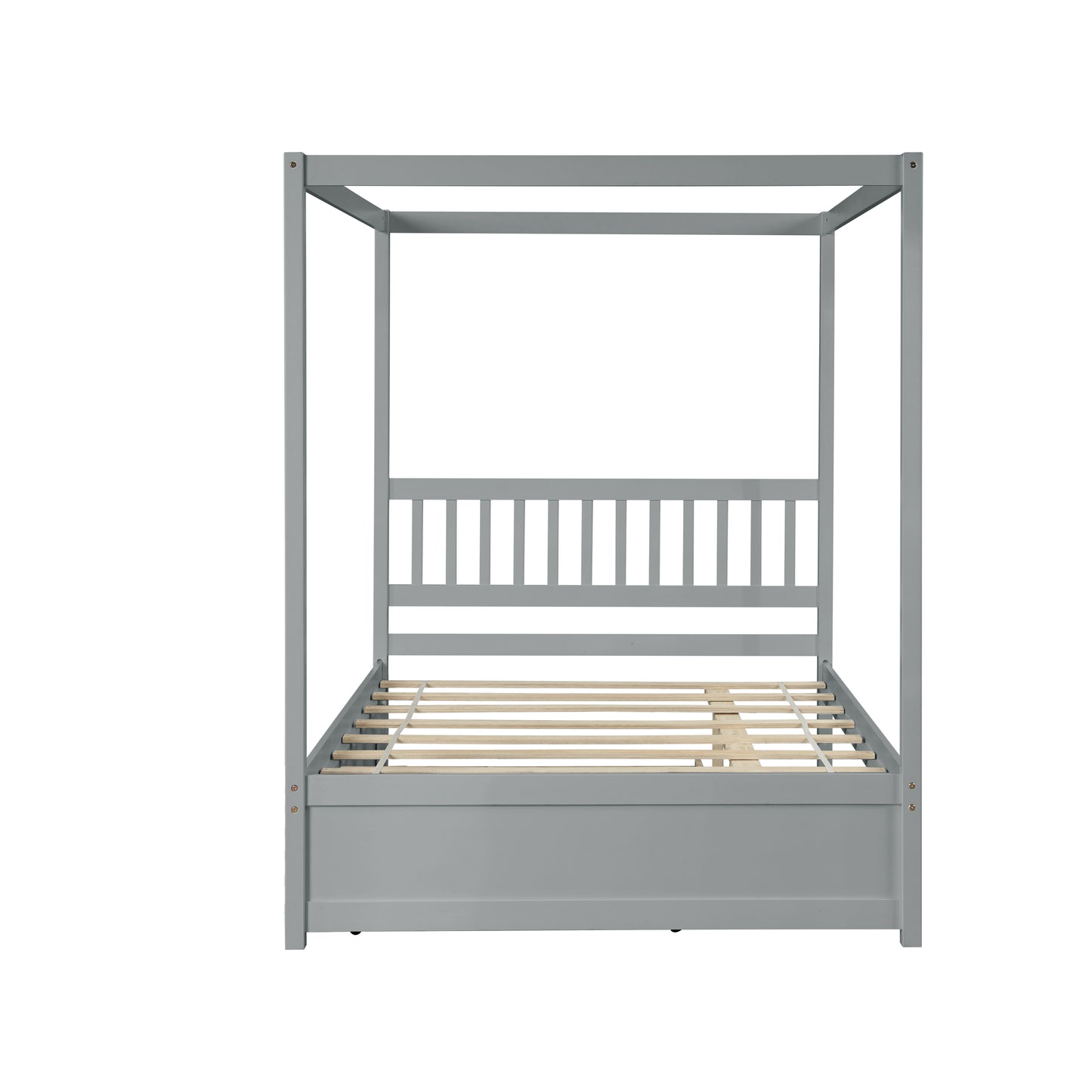 Gray wooden canopy bed frame with slatted headboard