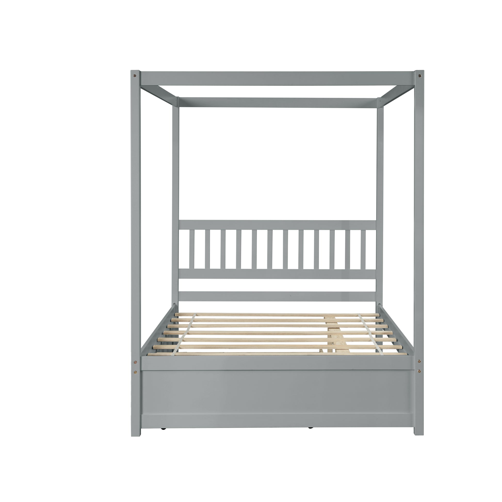 Gray wooden canopy bed frame with slatted headboard