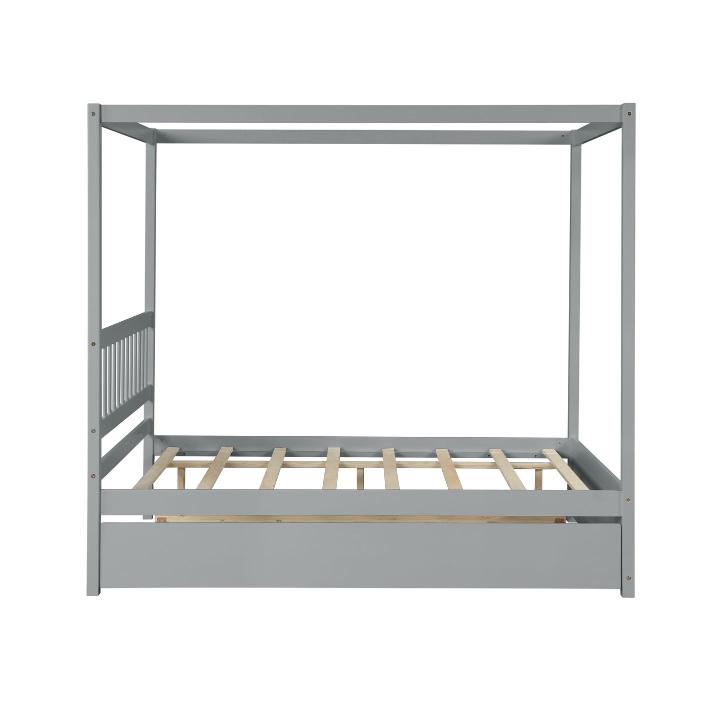 Gray wooden canopy bed frame with slatted base