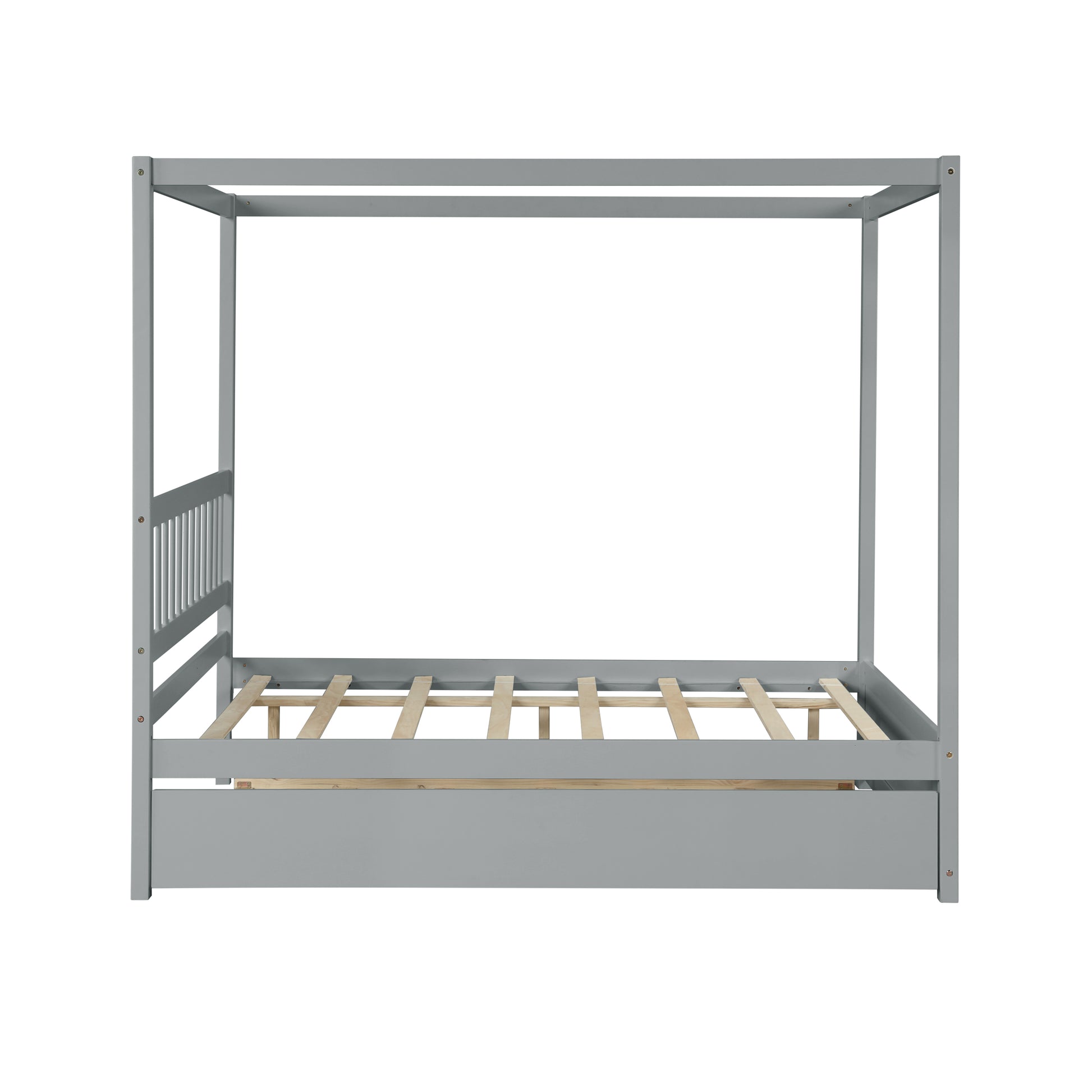 Gray wooden canopy bed frame with slatted base