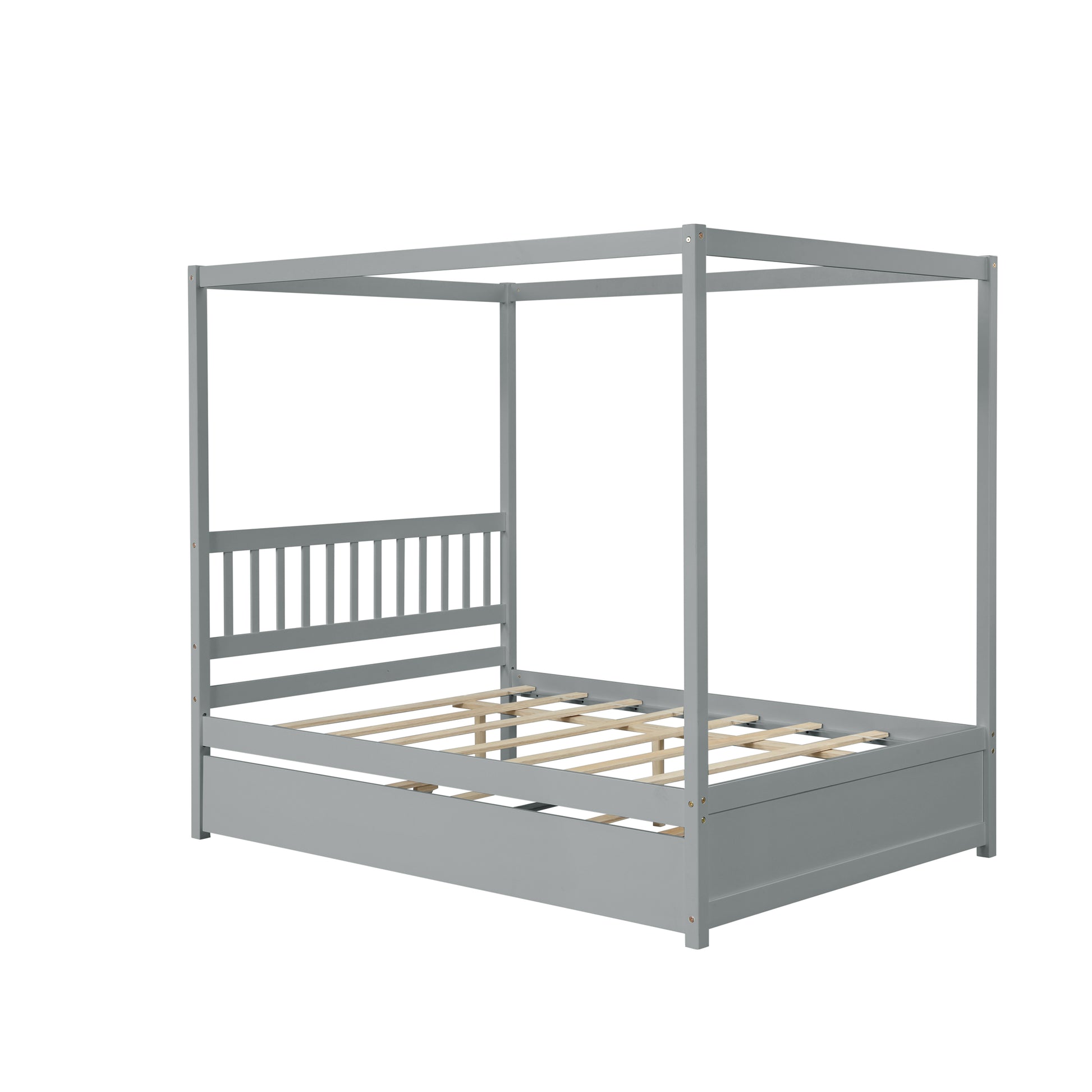 Gray wooden canopy bed frame with slatted base and integrated drawer
