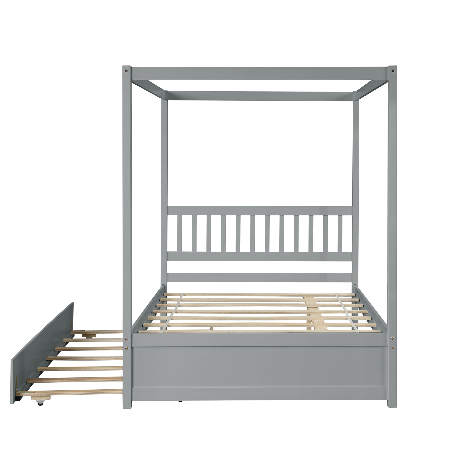 Gray canopy bed frame with pullout trundle