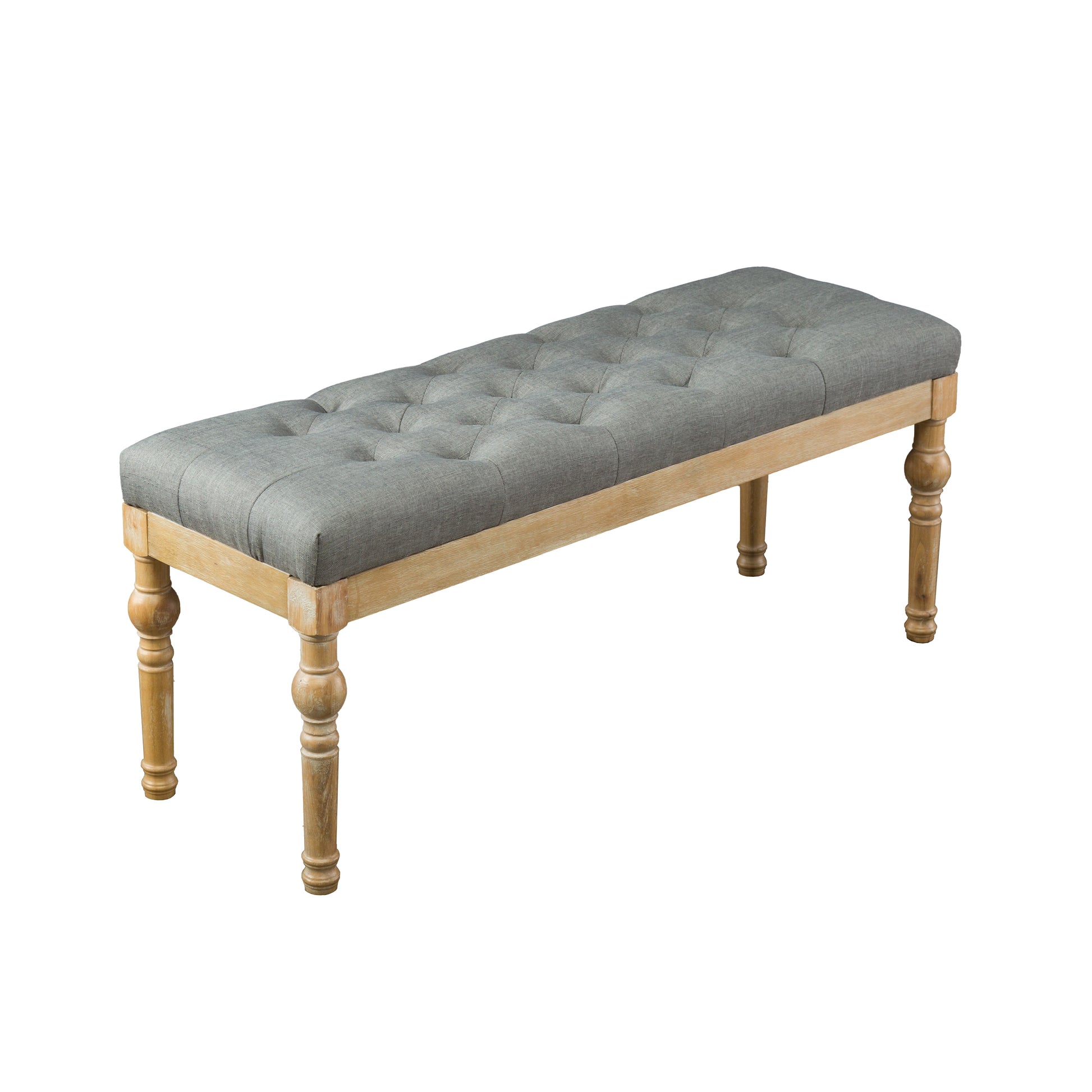 Gray upholstered bench with tufted seat and carved wooden legs