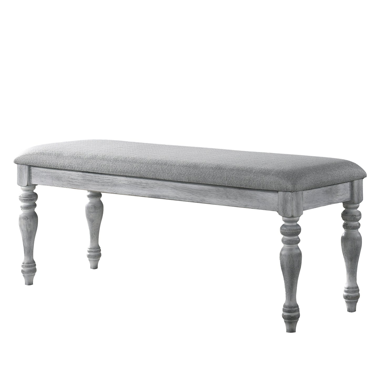 Upholstered bench in light grey fabric with distressed white wooden legs