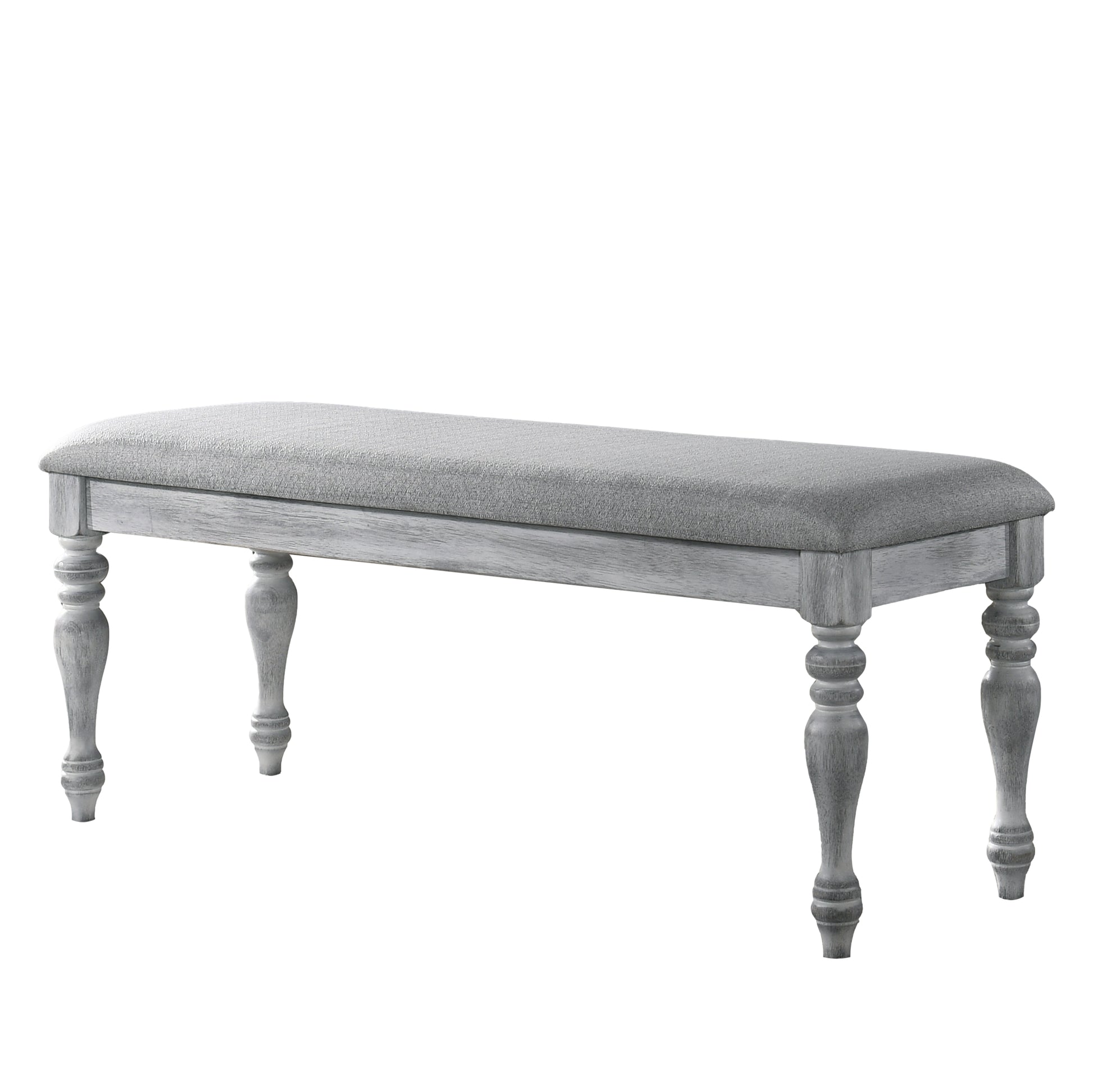 Upholstered bench in light grey fabric with distressed white wooden legs
