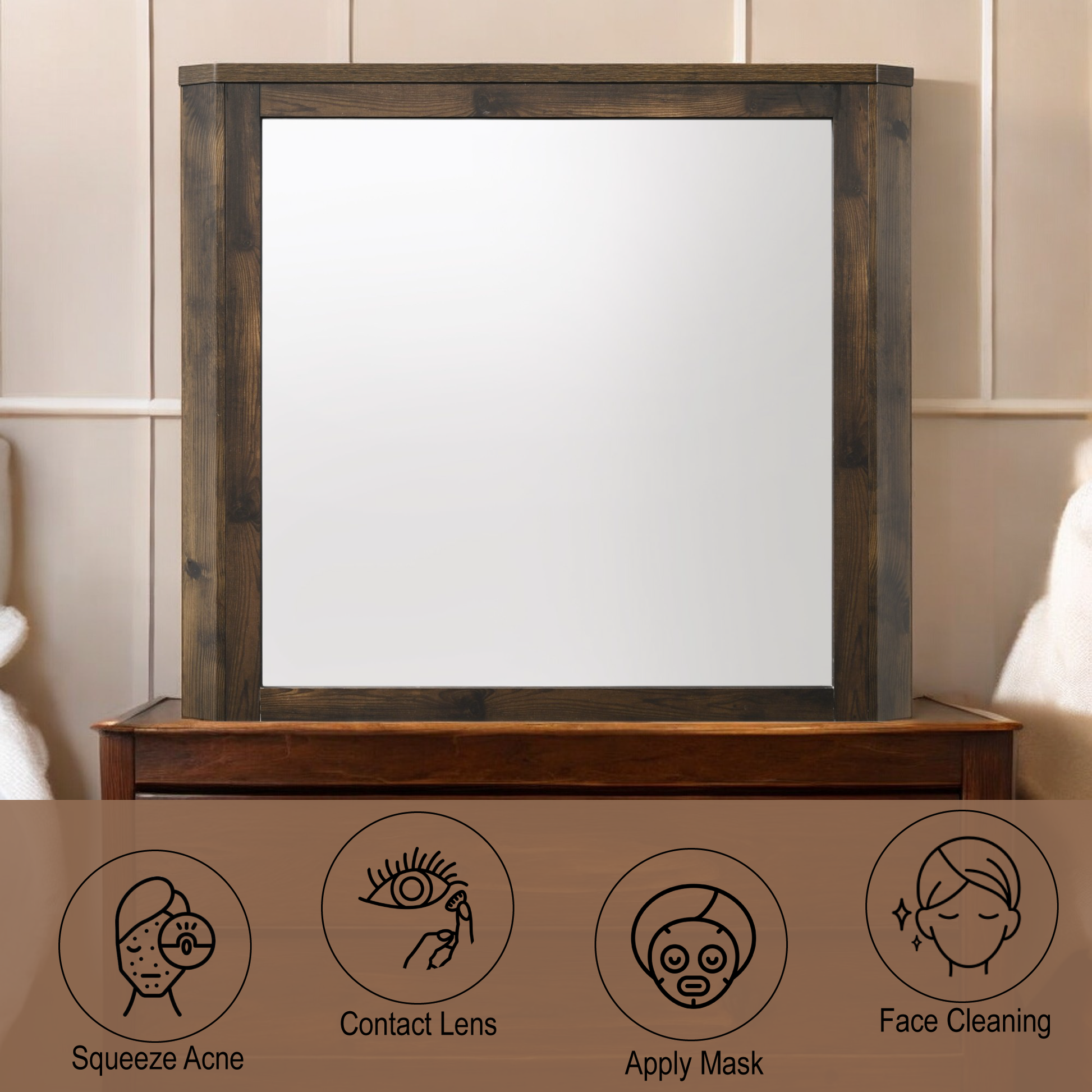 Dark oak wood vanity mirror with beveled edges