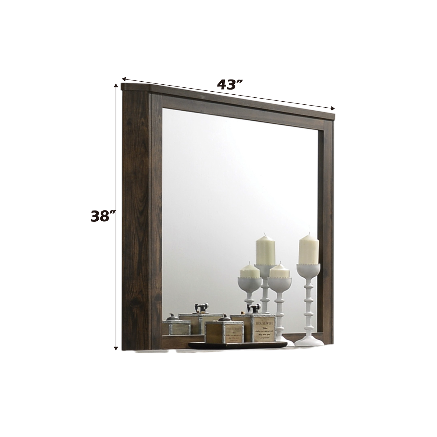 Dark wood framed rectangular mirror  inches wide with decorative accents