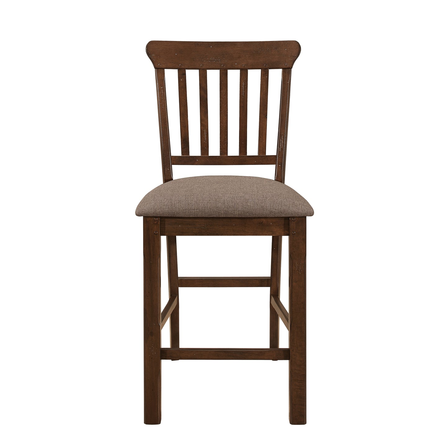 Dark wood slatted back counter height chair with a brown fabric seat