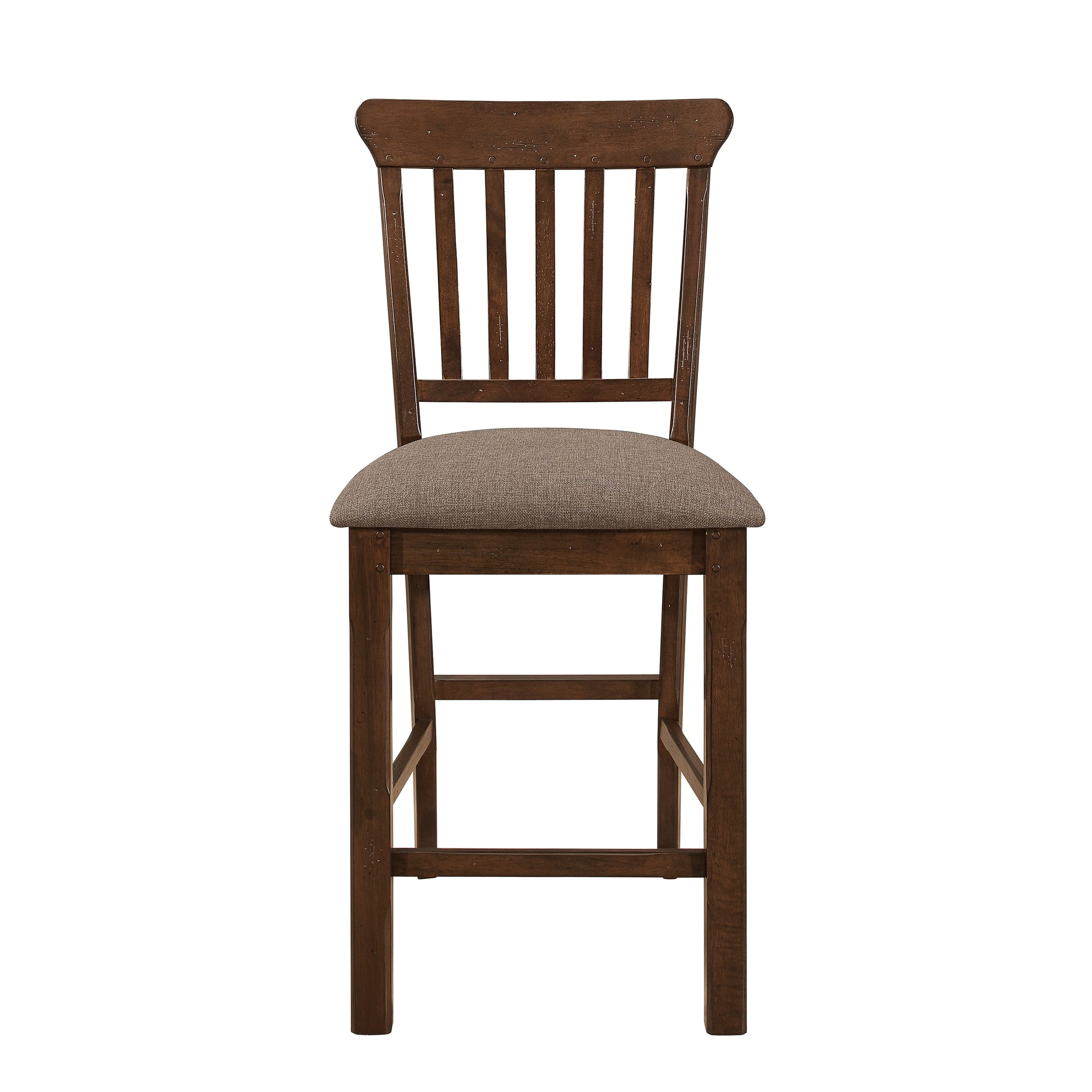 Dark wood slatted back counter height chair with a brown fabric seat