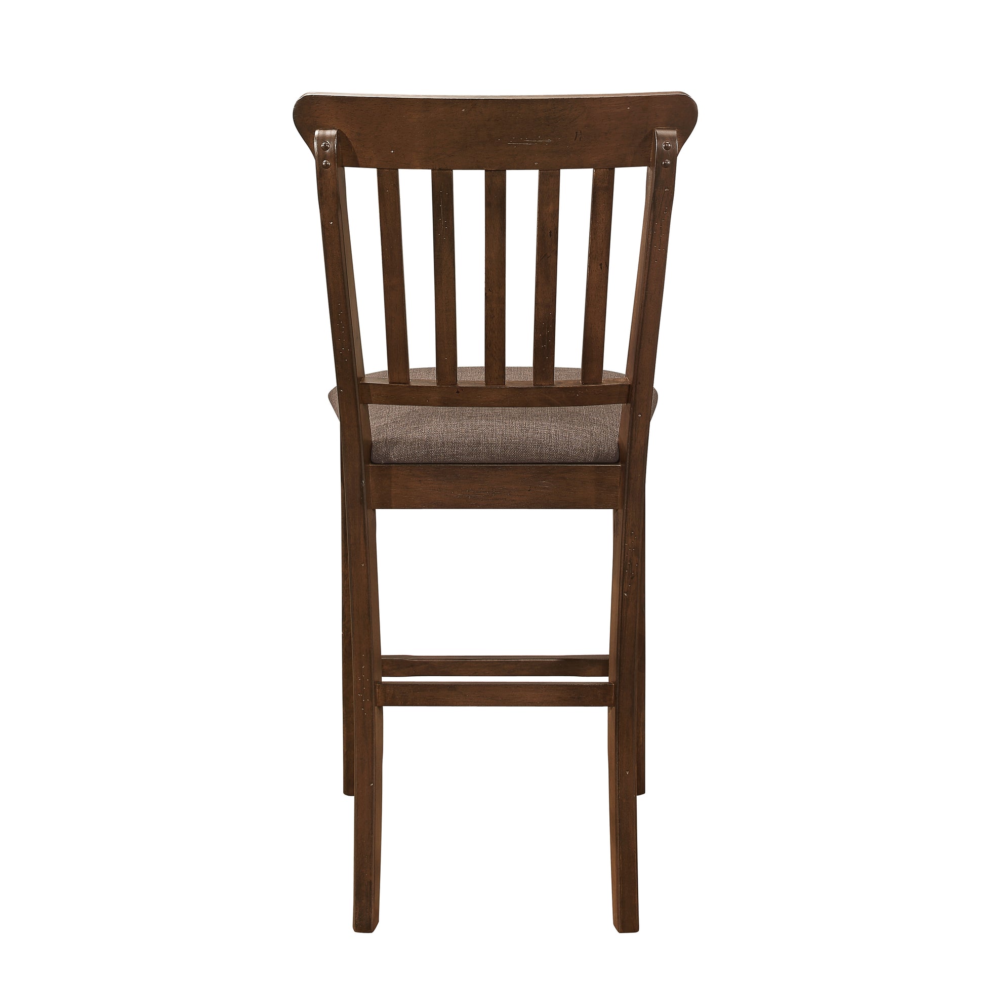 Dark brown wooden bar stool with slatted back and grey fabric seat