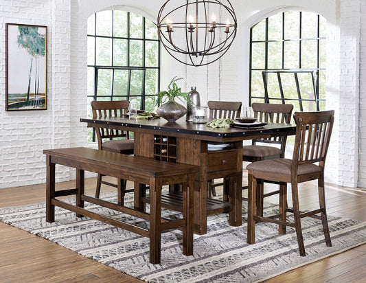Rustic brown wood dining table set with cushioned bar stools and bench