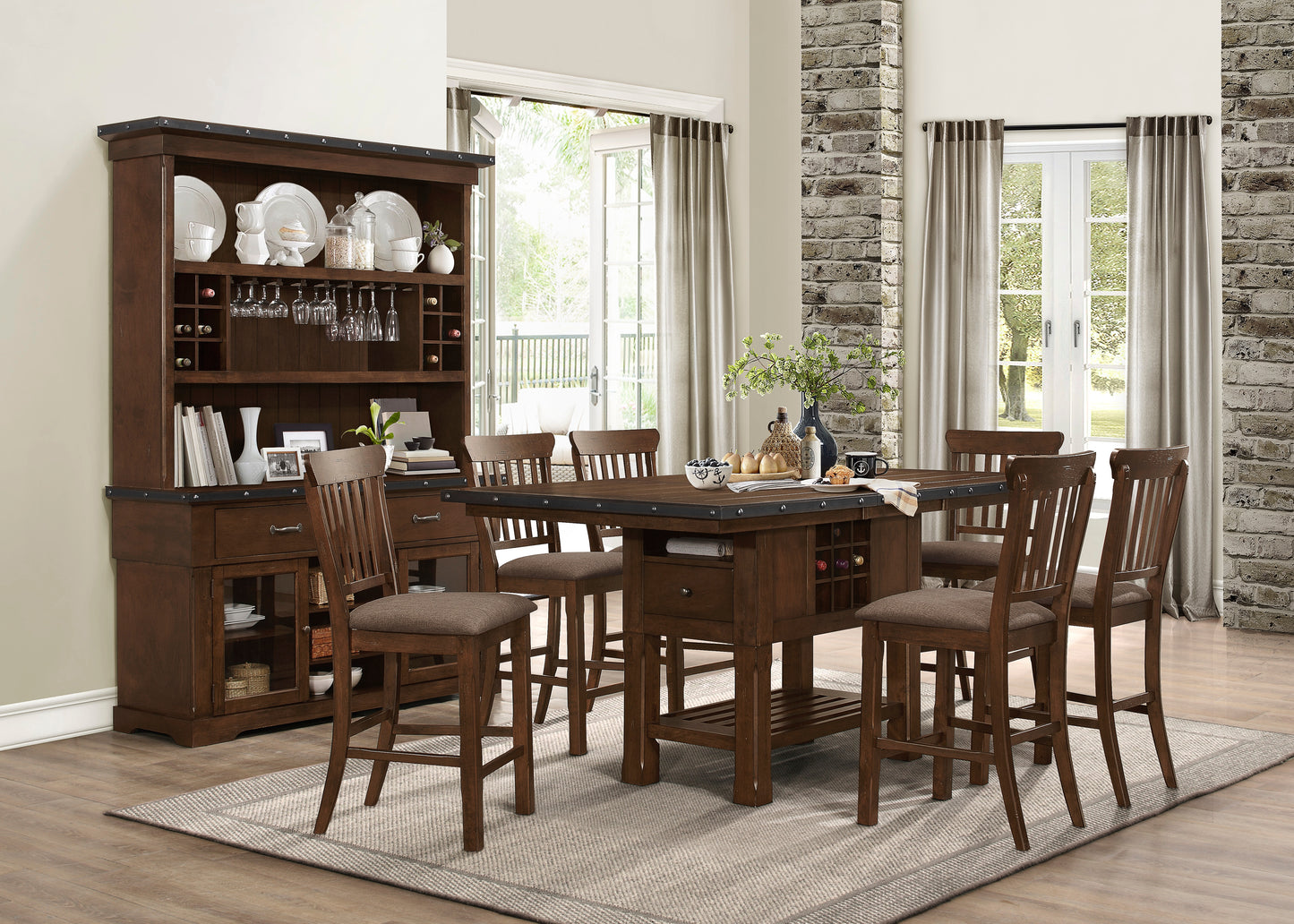 Rustic brown dining set with island  upholstered bar stools and hutch