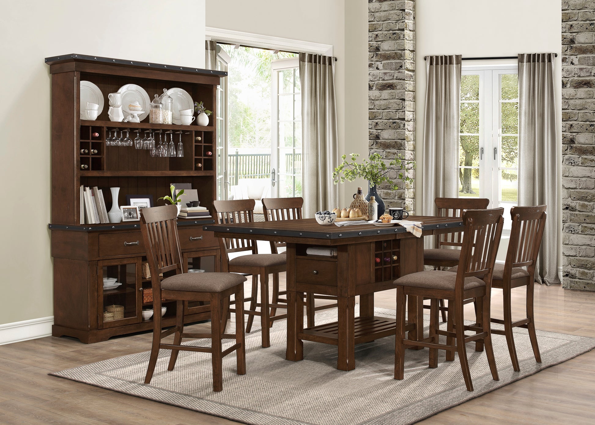 Rustic brown dining set with island  upholstered bar stools and hutch