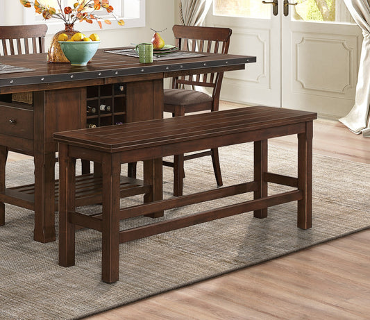 Dark wood dining bench with slatted seat