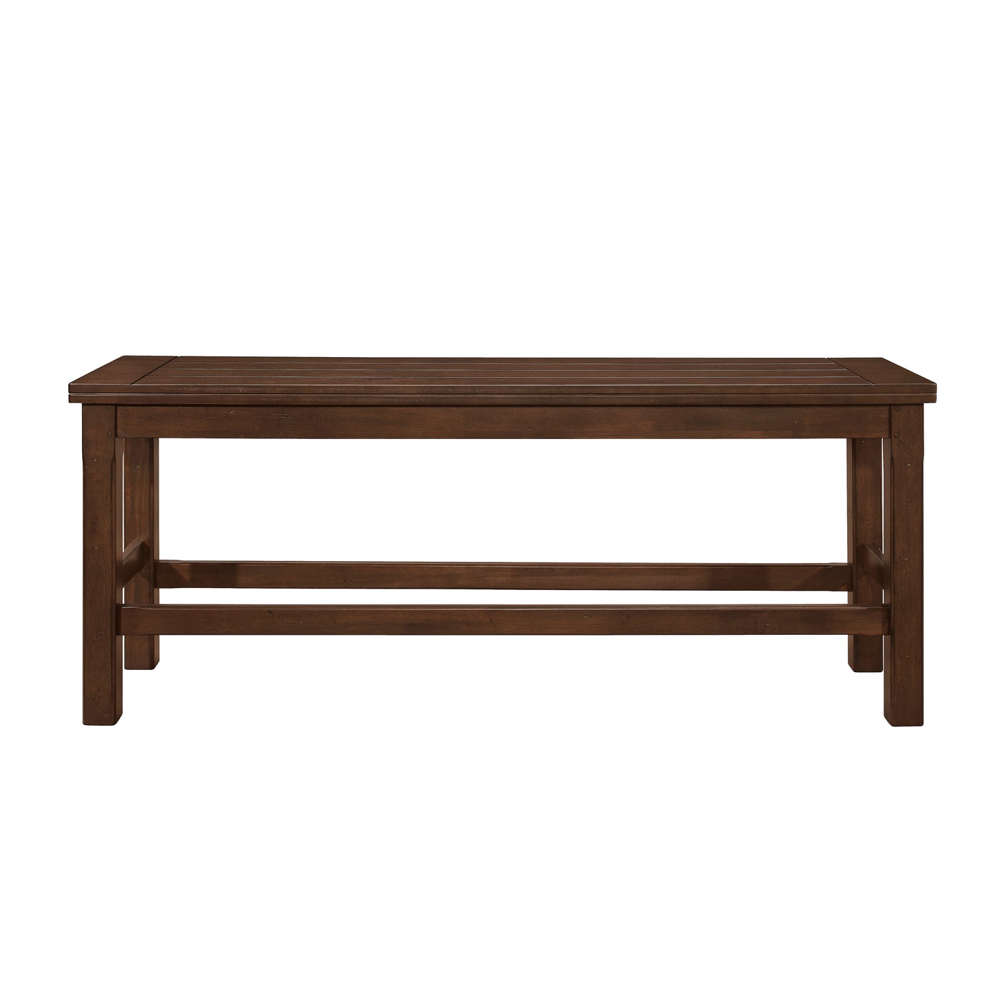 Dark brown wooden slat bench with sturdy legs and a lower support beam