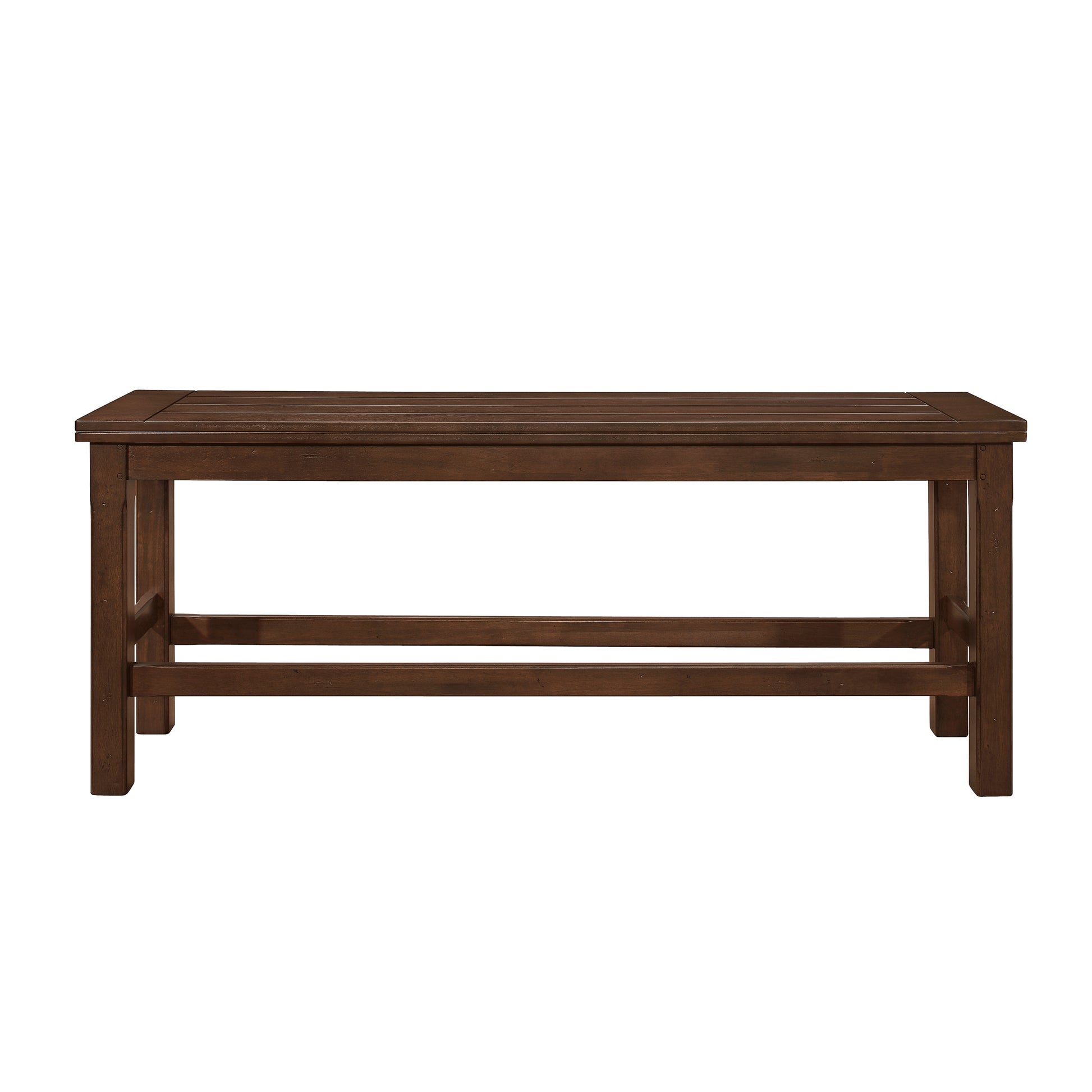 Dark brown wooden slat bench with sturdy legs and a lower support beam