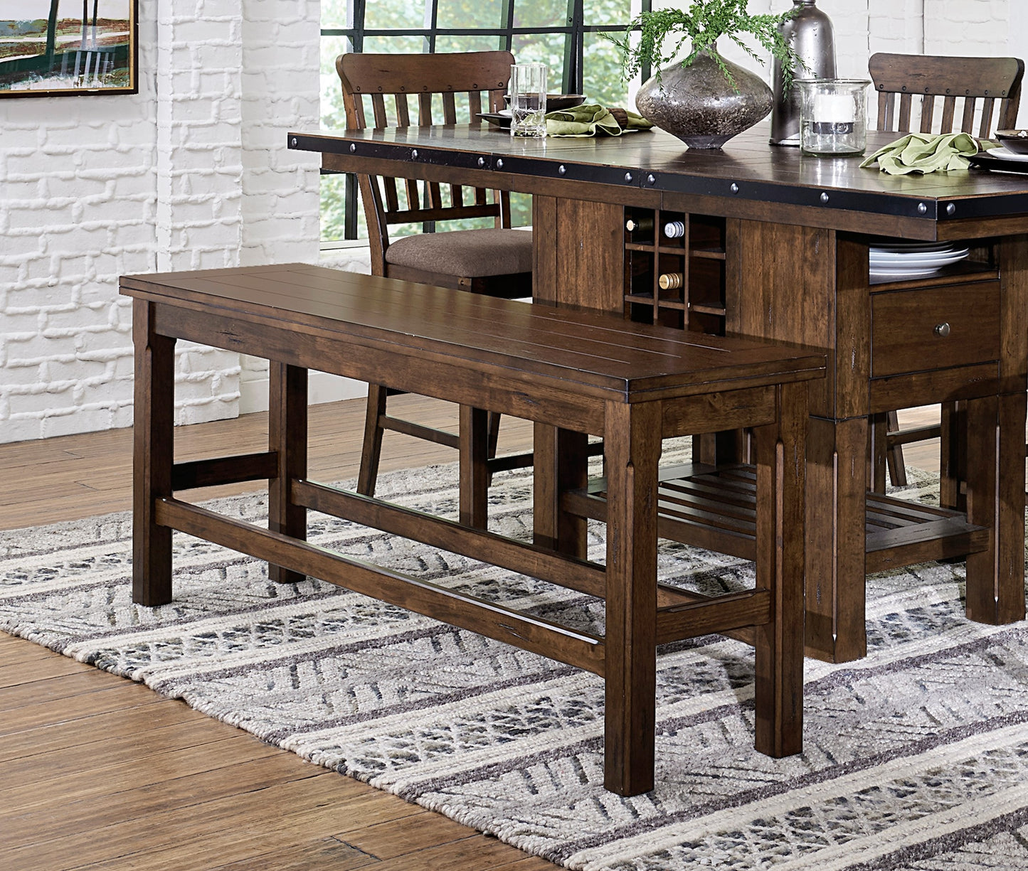 Dark oak bench with slatted top and supportive crossbars