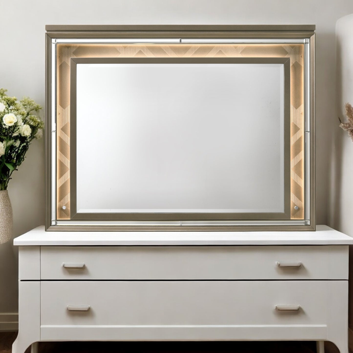 Modern rectangular wall mirror with integrated LED lighting and geometric bronze frame