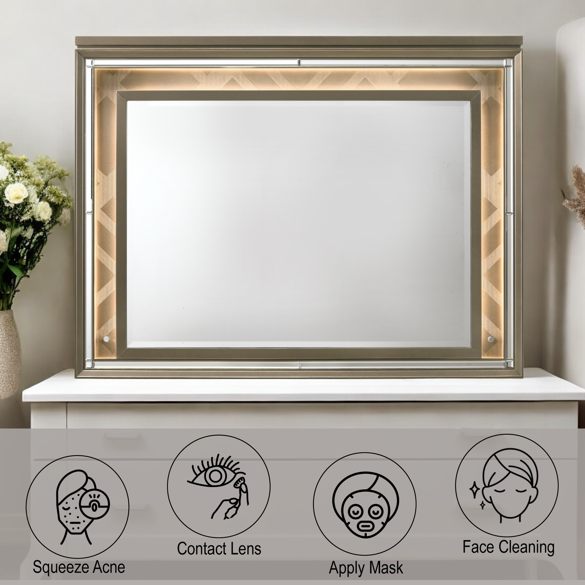 Ornate gold framed vanity mirror with integrated LED lighting and geometric design accents