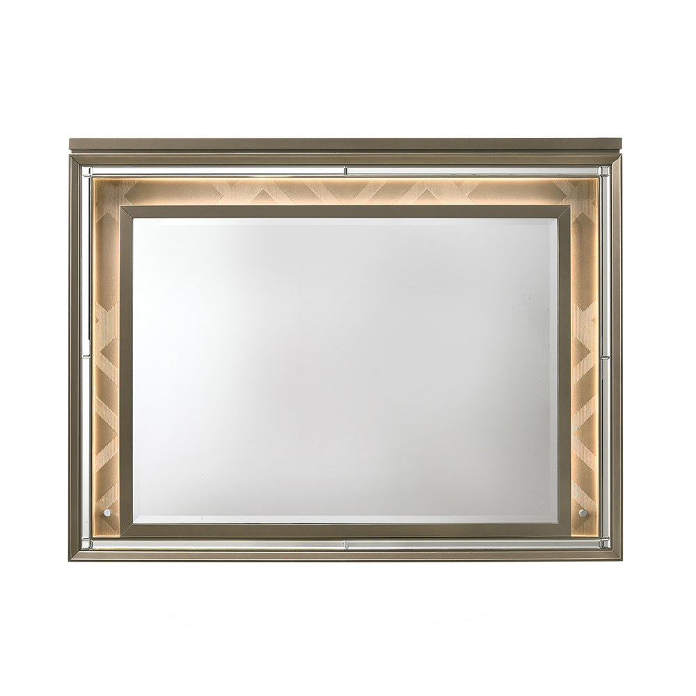 Modern lighted rectangular wall mirror with textured gold frame