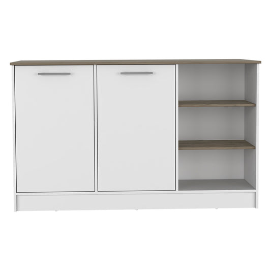 White and wood modern sideboard with two doors and open shelving