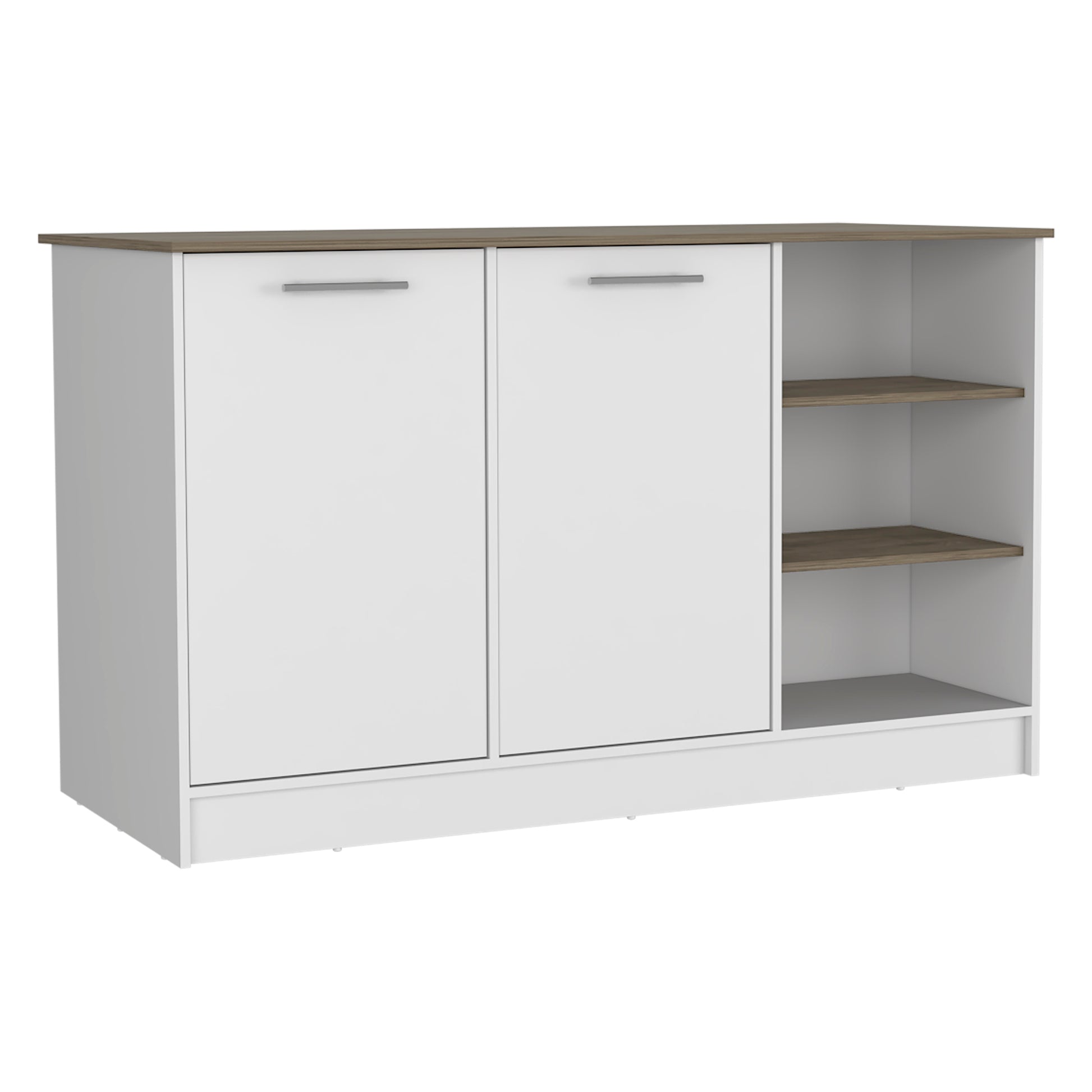 White twodoor storage cabinet with woodtone top and open shelves