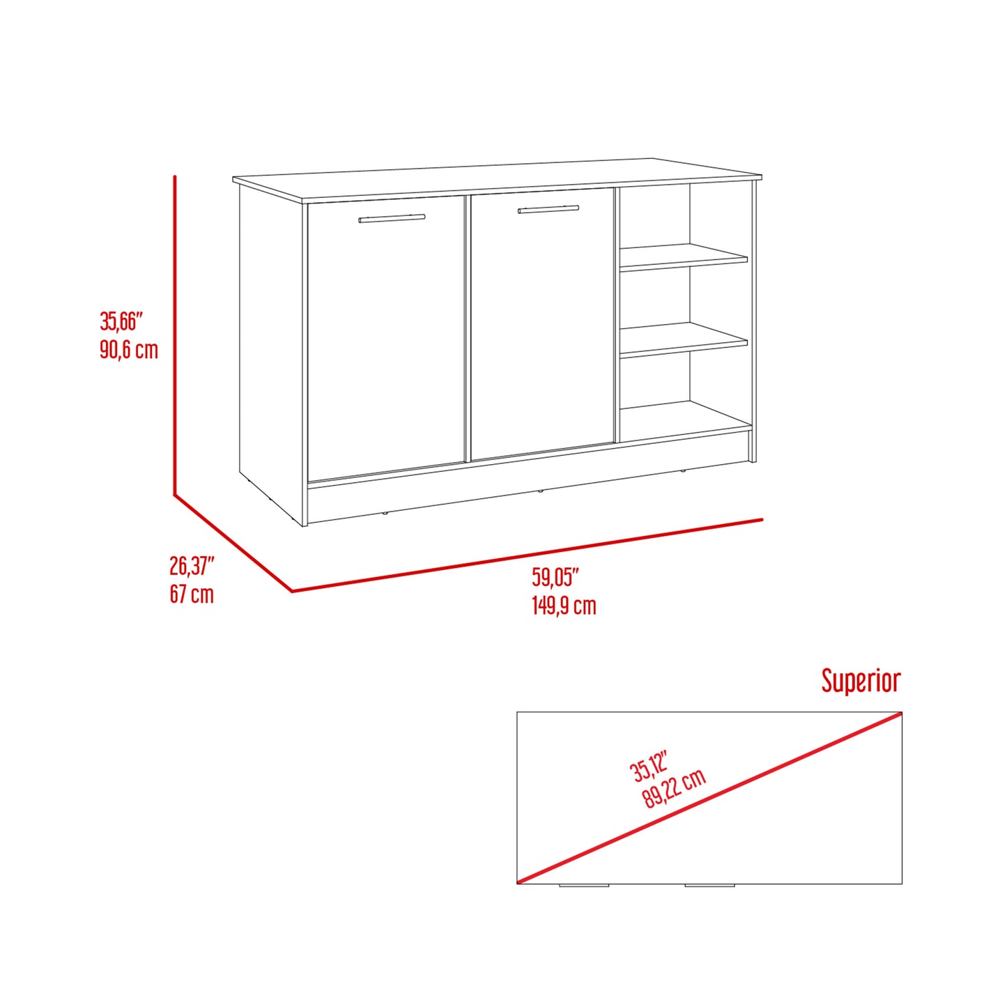 Modern media console with two cabinet doors and open shelving for media storage