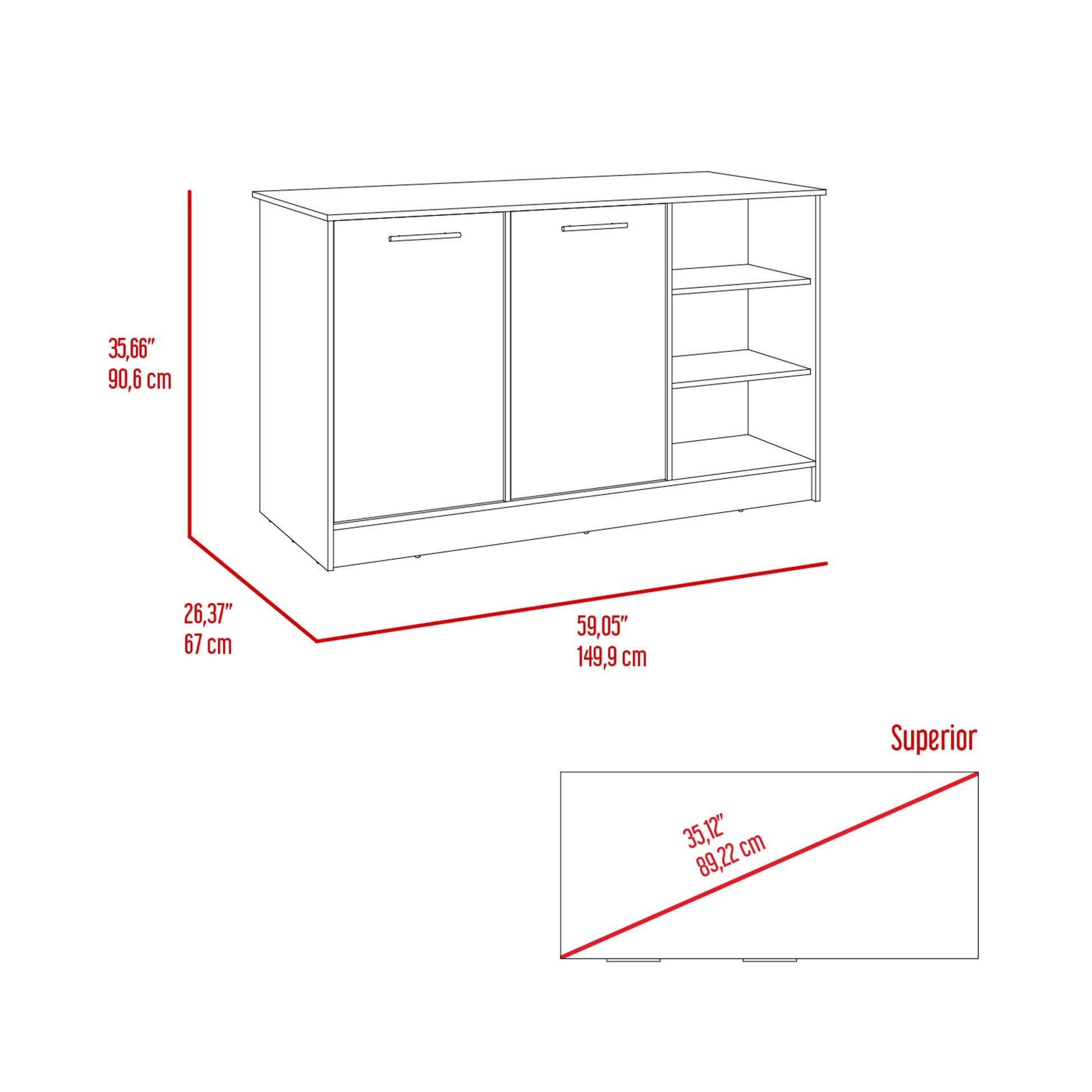 Modern media console with two cabinet doors and open shelving for media storage