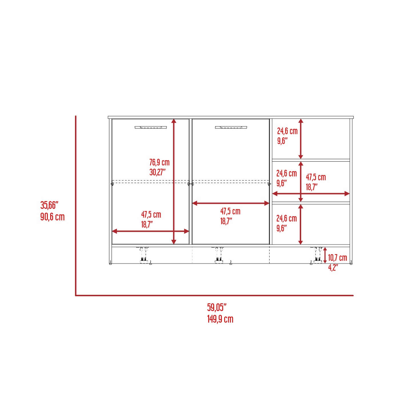 Diagram shows a white console with dimensions
