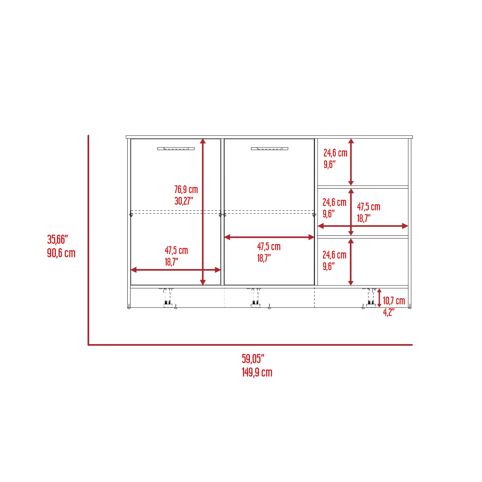 Diagram shows a white console with dimensions