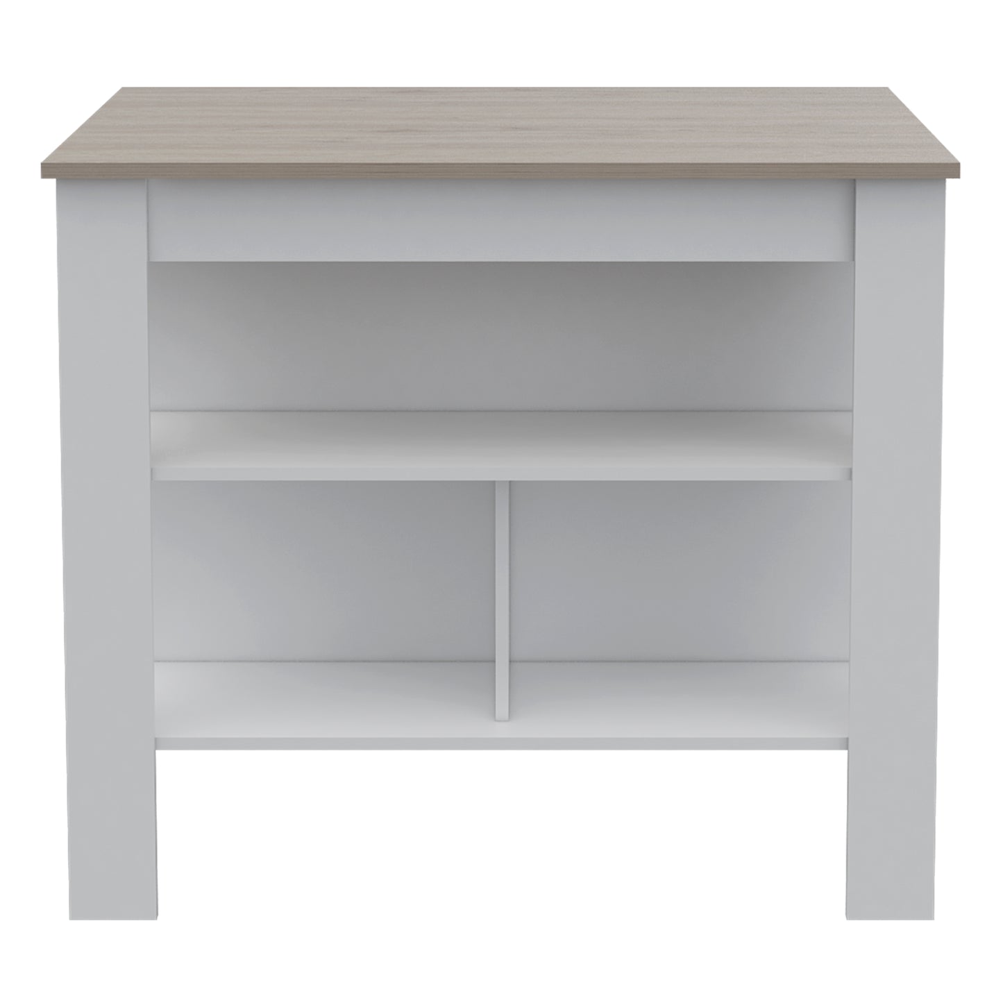White open shelving unit with a light wood grain top