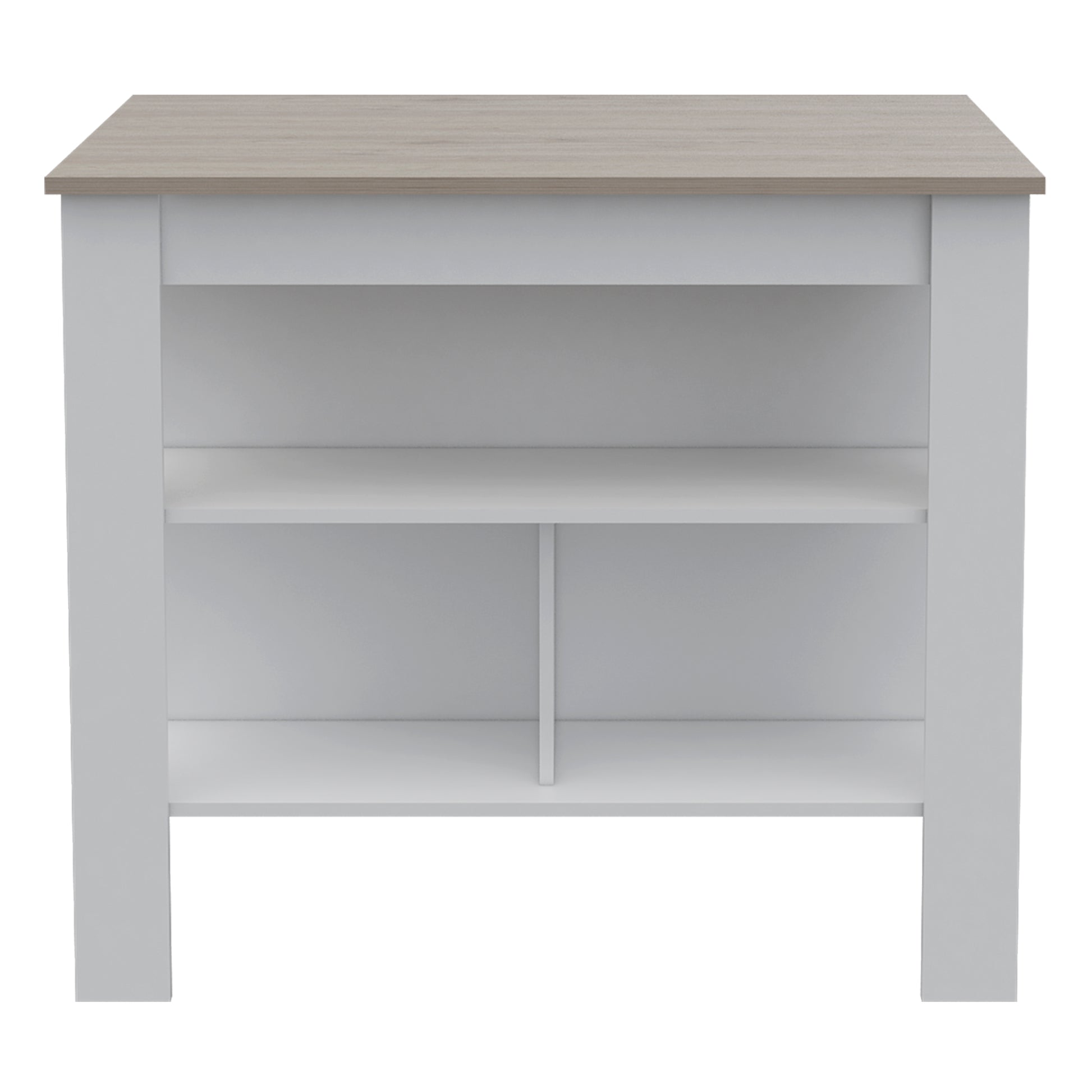 White open shelving unit with a light wood grain top