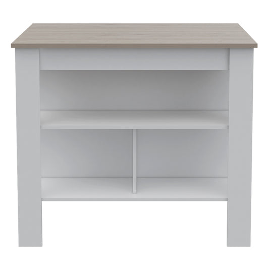 White open shelving unit with a light wood grain top